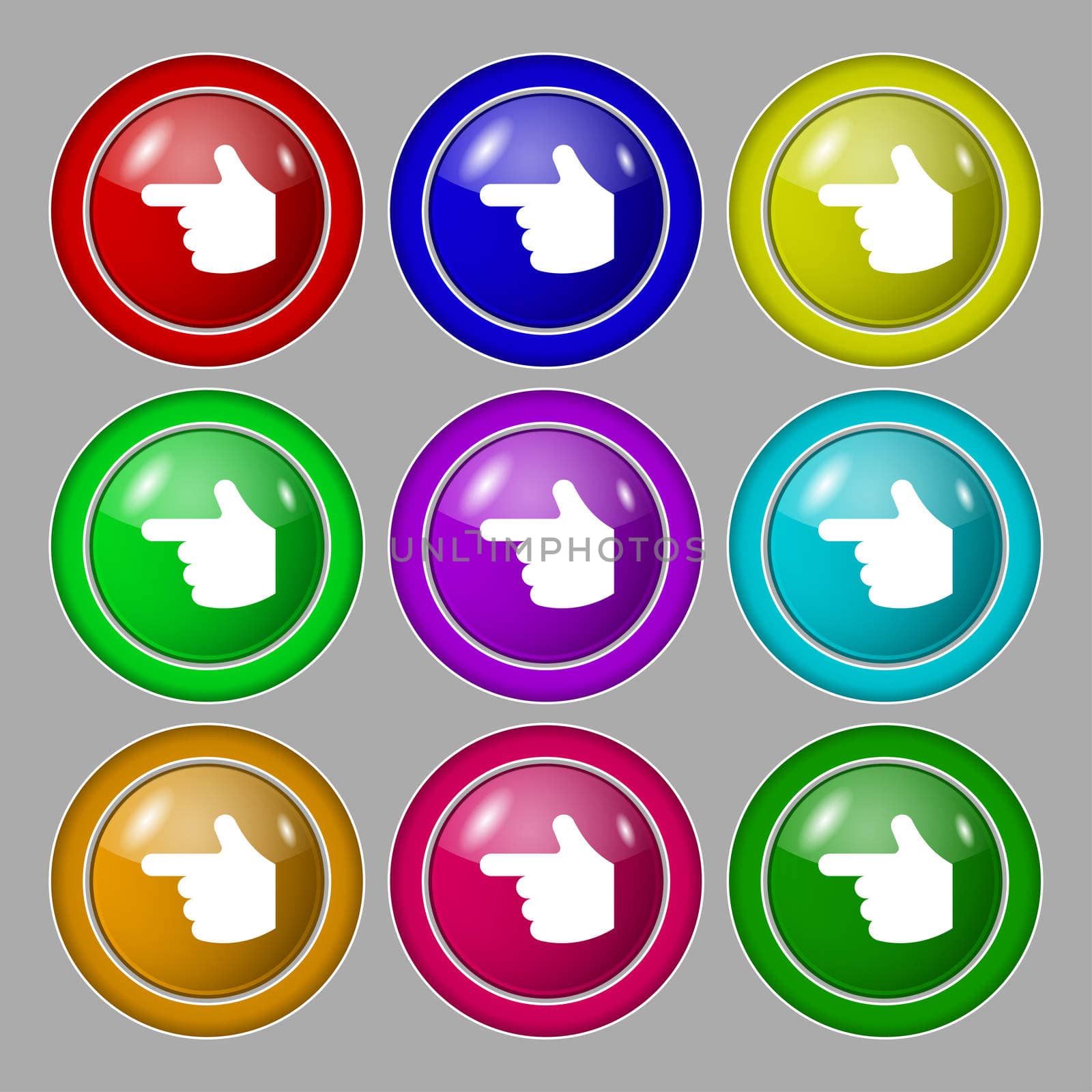 pointing hand icon sign. symbol on nine round colourful buttons. illustration