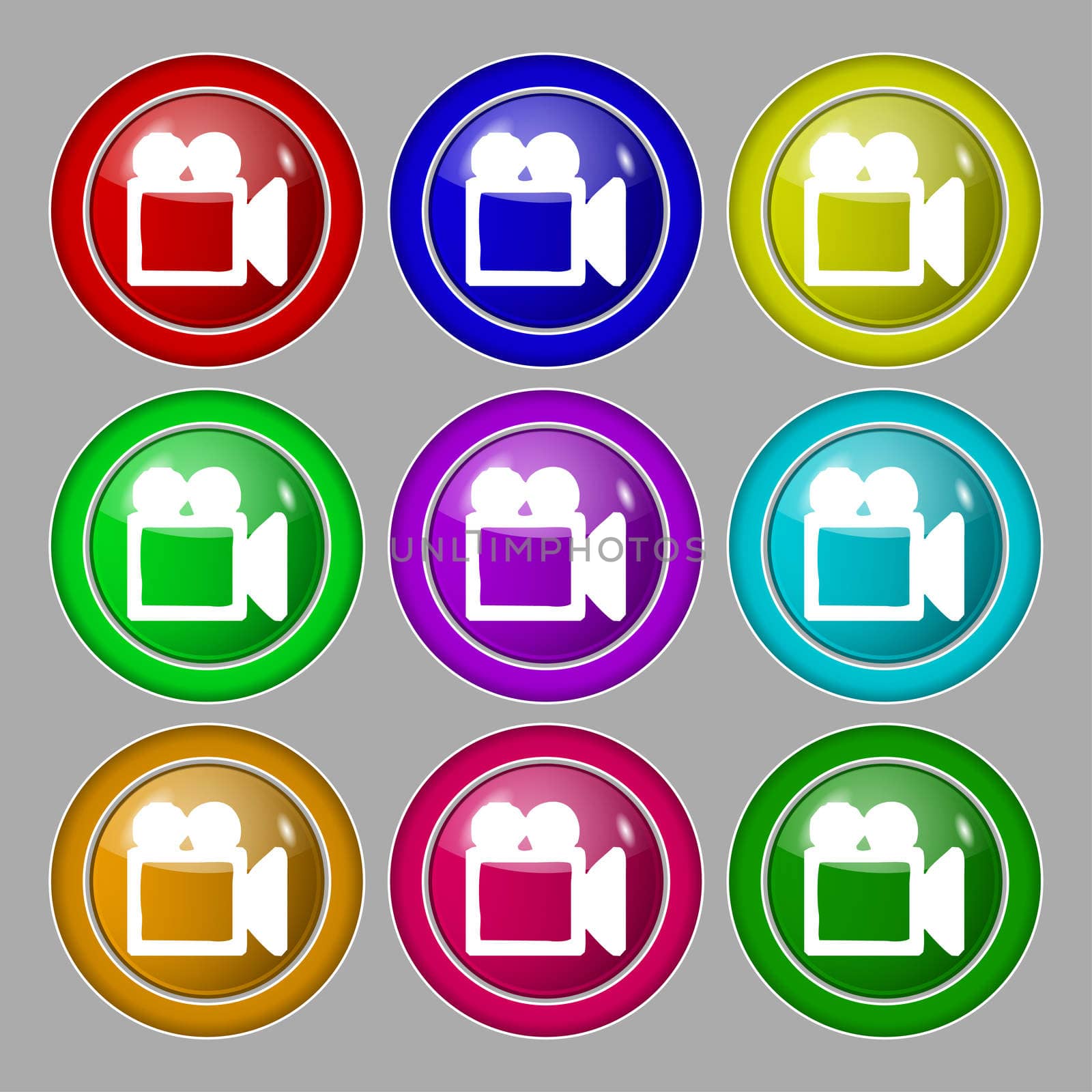 camcorder icon sign. symbol on nine round colourful buttons. illustration