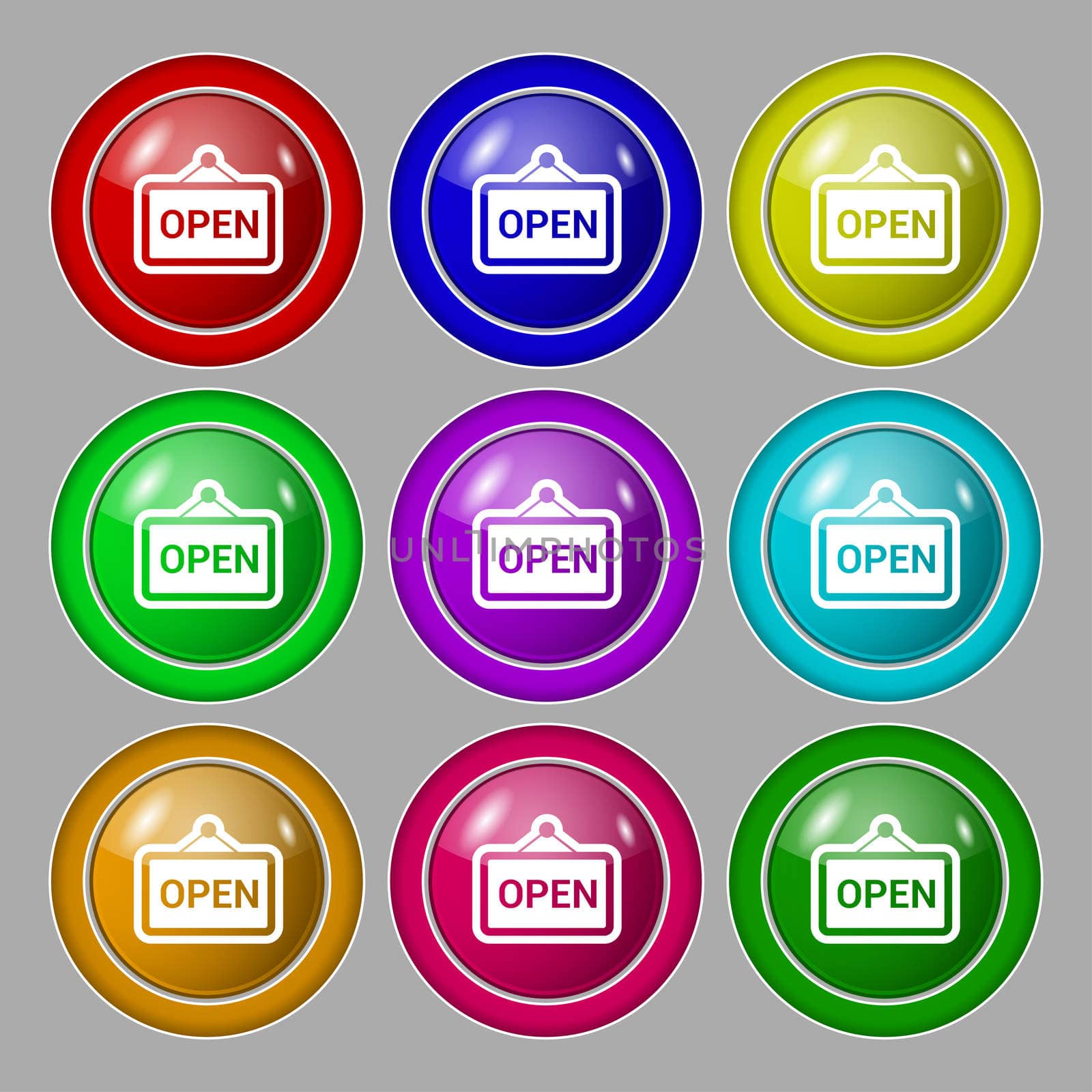 open icon sign. symbol on nine round colourful buttons. illustration