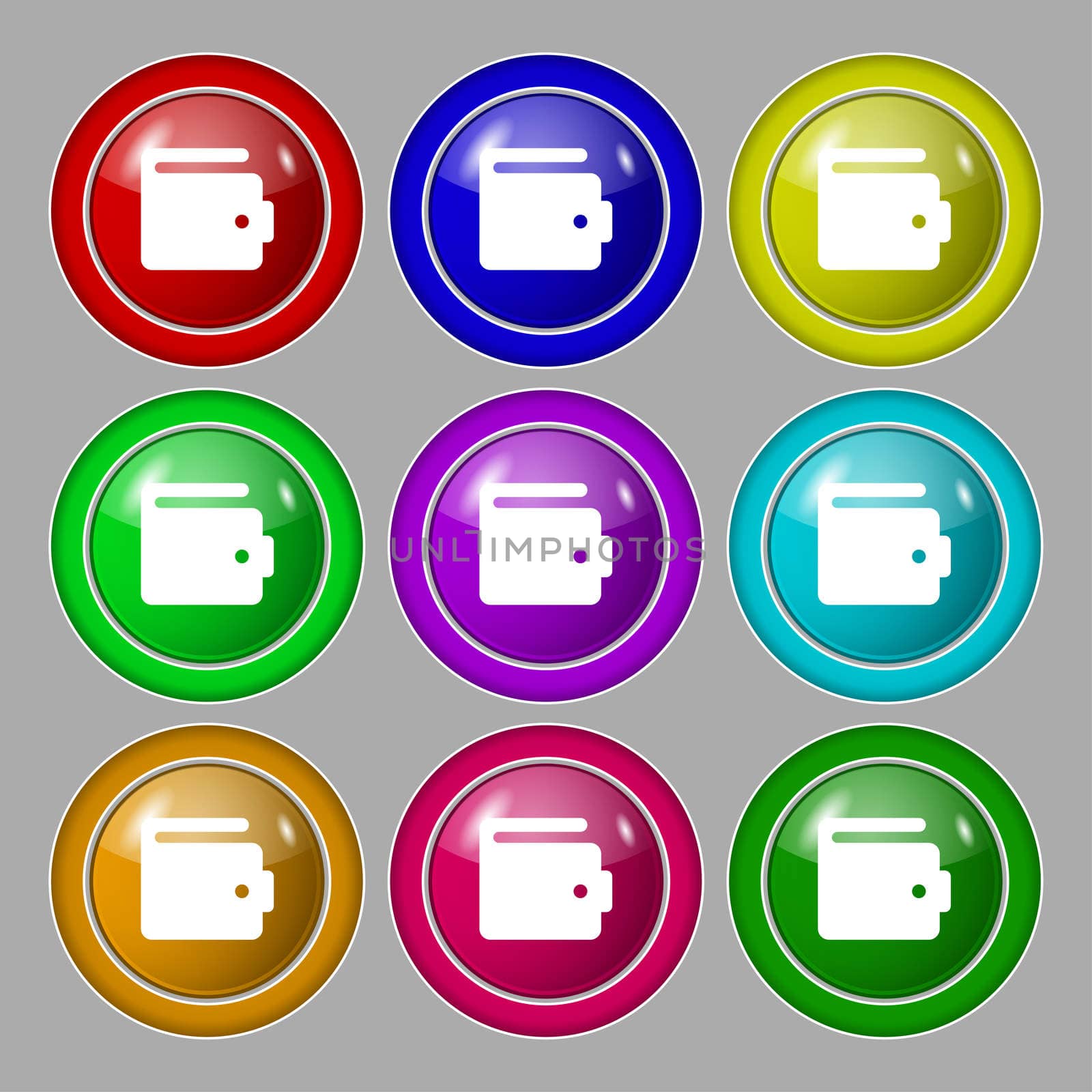 purse icon sign. symbol on nine round colourful buttons. illustration