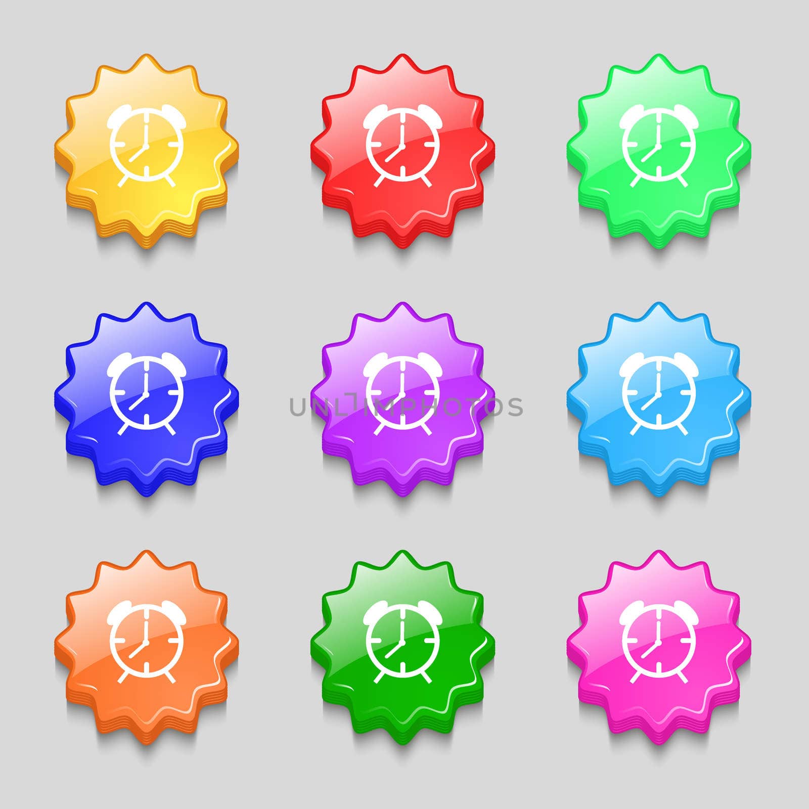 Alarm clock sign icon. Wake up alarm symbol. Symbols on nine wavy colourful buttons. illustration