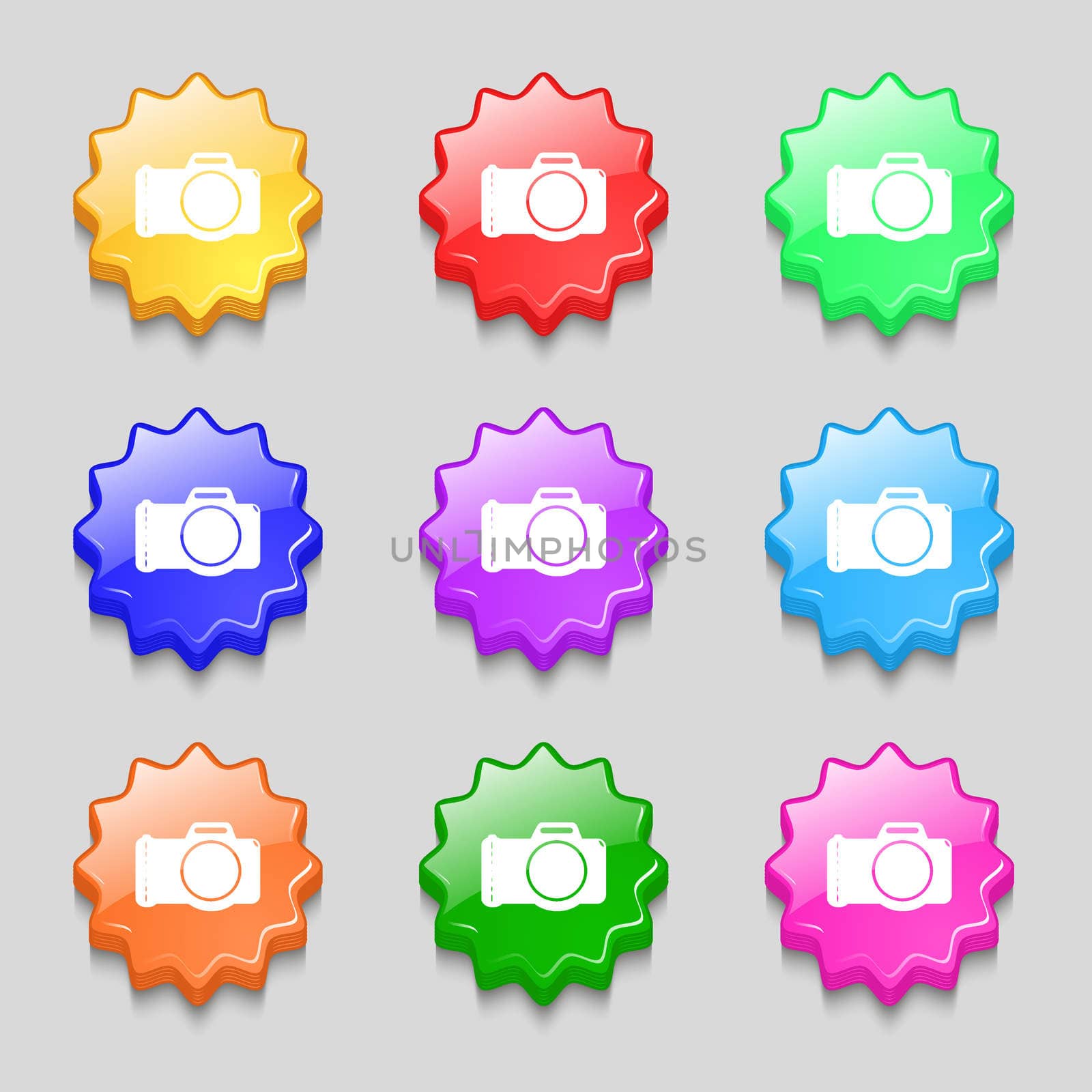 Photo camera sign icon. Digital photo camera symbol. Symbols on nine wavy colourful buttons. illustration