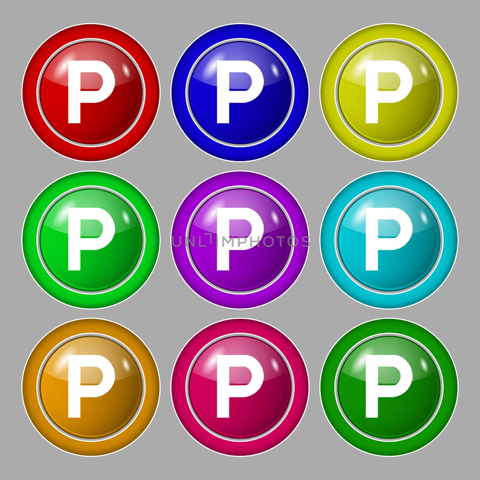 parking icon sign. symbol on nine round colourful buttons. illustration