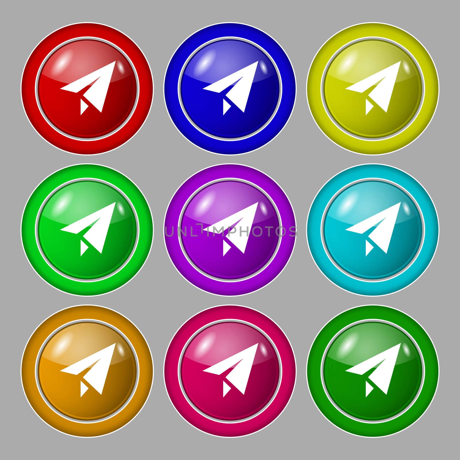Paper airplane icon sign. symbol on nine round colourful buttons.  by serhii_lohvyniuk
