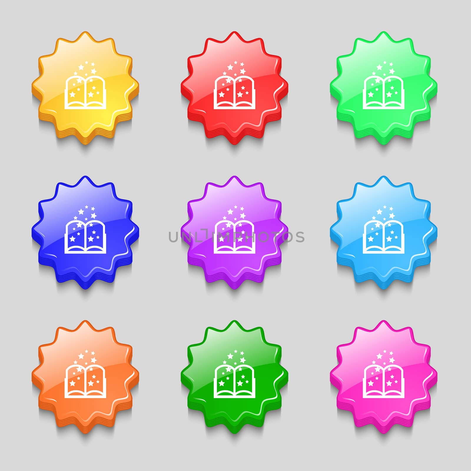 Magic Book sign icon. Open book symbol. Symbols on nine wavy colourful buttons. illustration