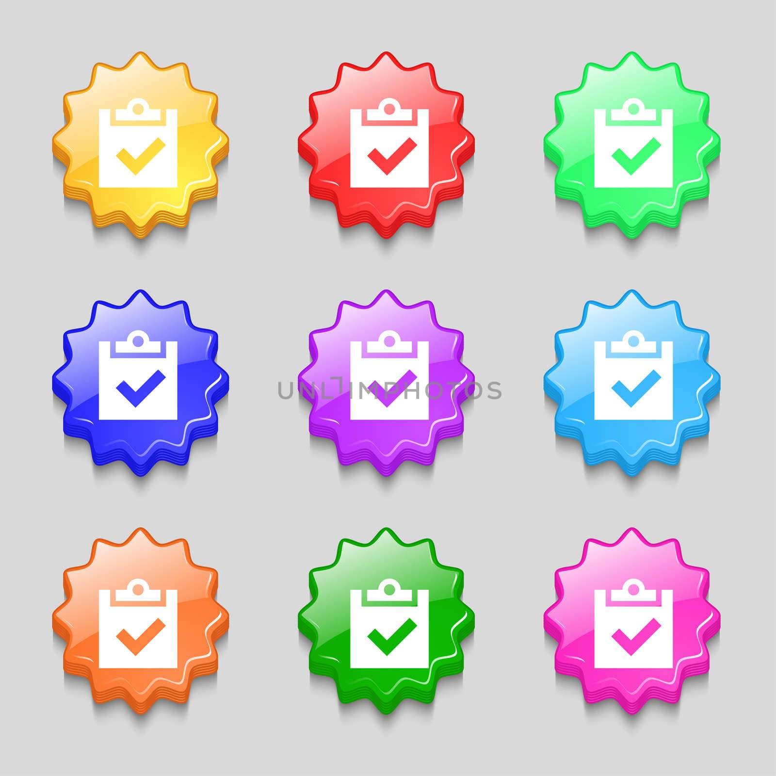 Check mark, tik icon sign. symbol on nine wavy colourful buttons.  by serhii_lohvyniuk