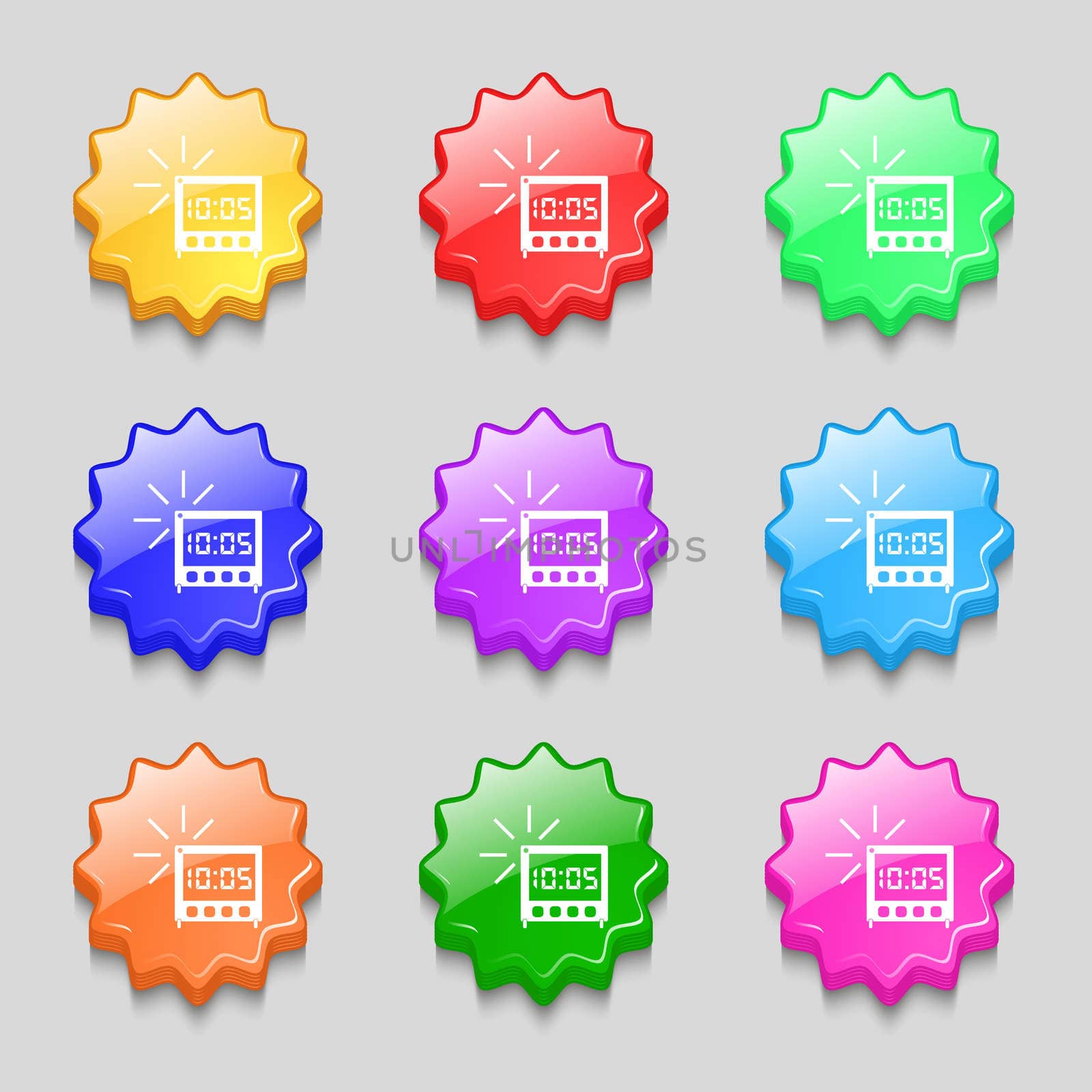 digital Alarm Clock icon sign. Symbols on nine wavy colourful buttons. illustration