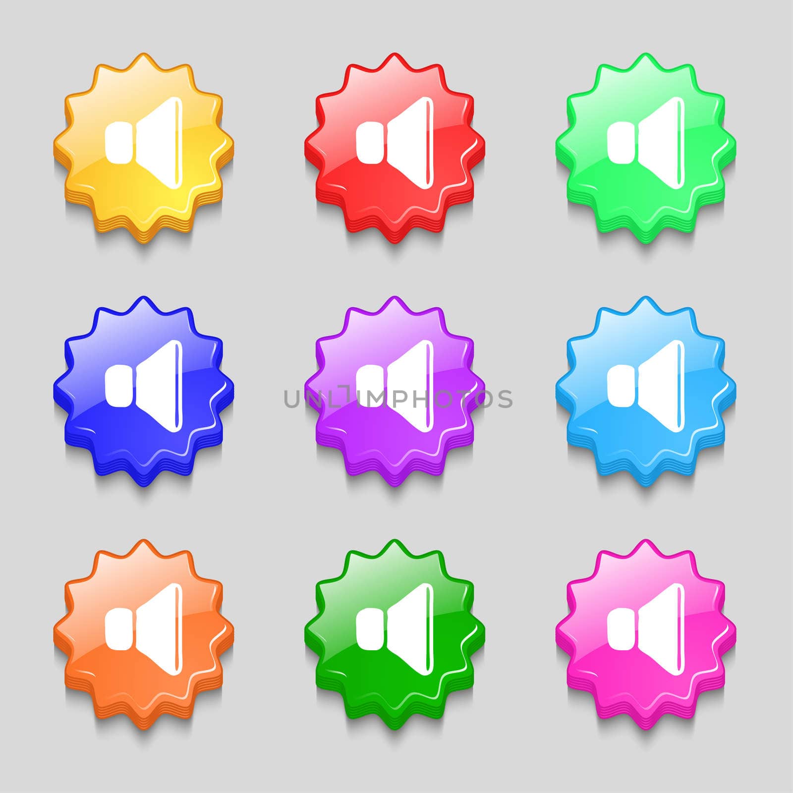 volume, sound icon sign. symbol on nine wavy colourful buttons. illustration