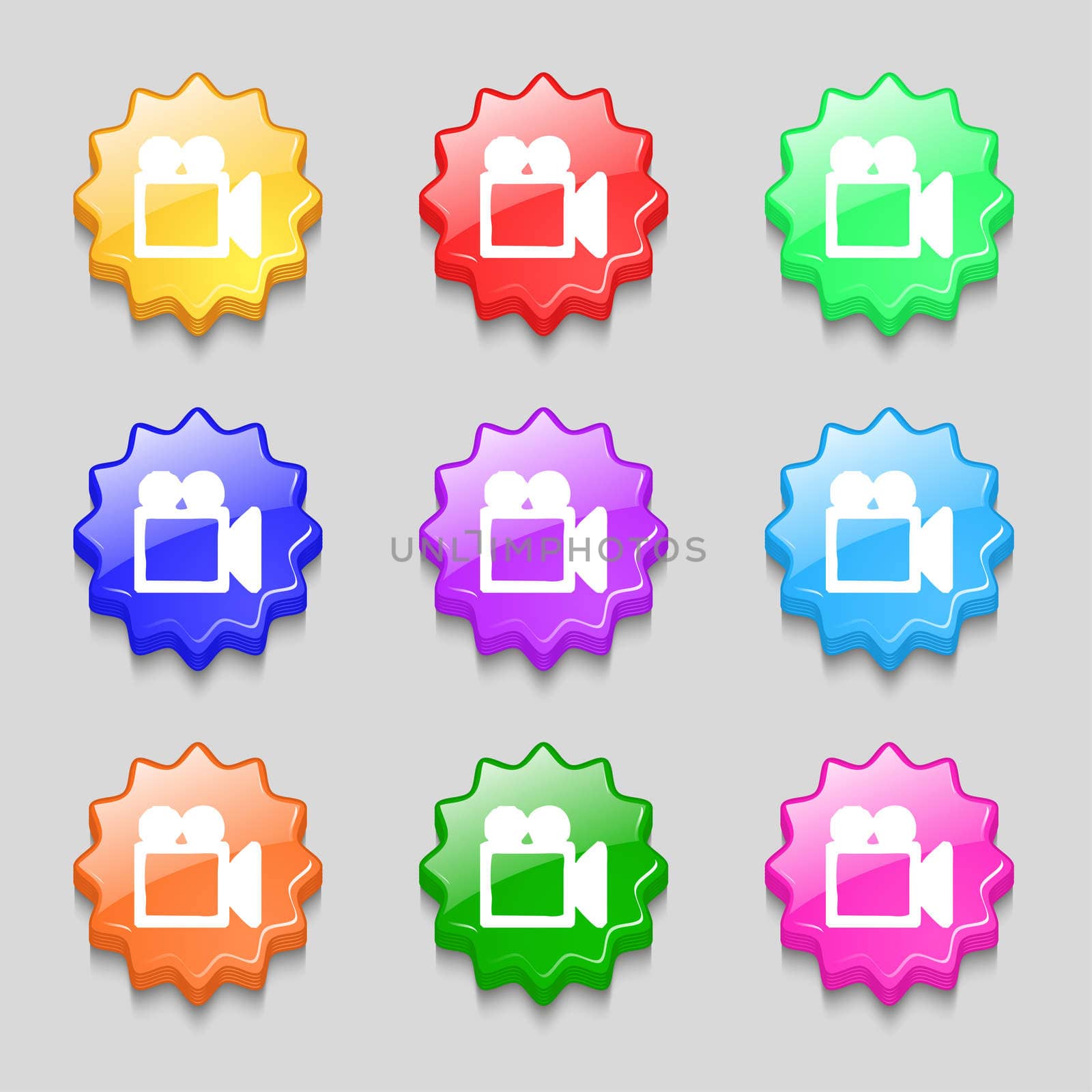 camcorder icon sign. symbol on nine wavy colourful buttons. illustration