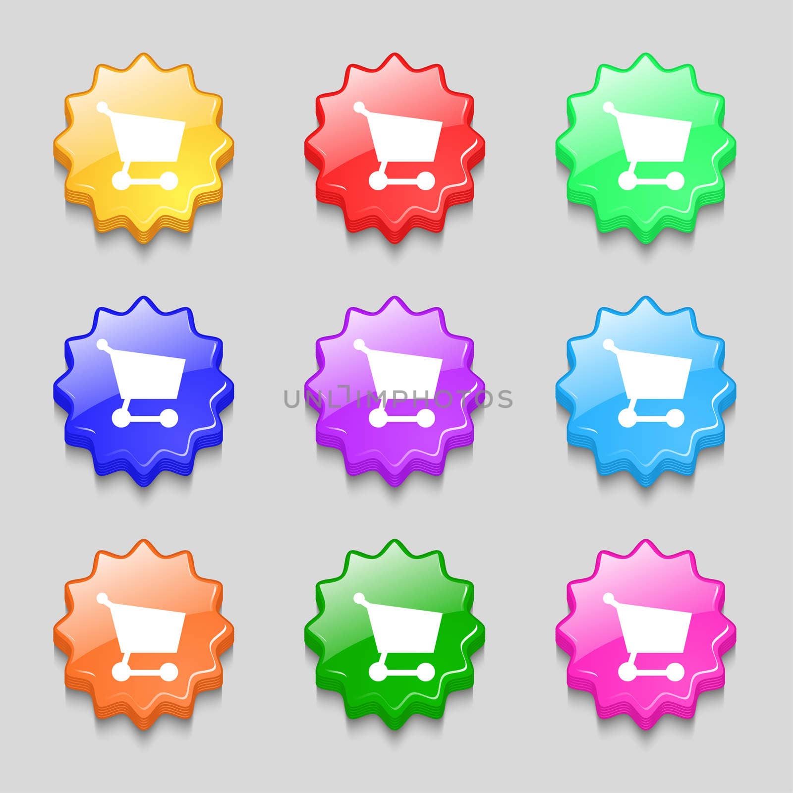 Shopping basket icon sign. symbol on nine wavy colourful buttons. illustration