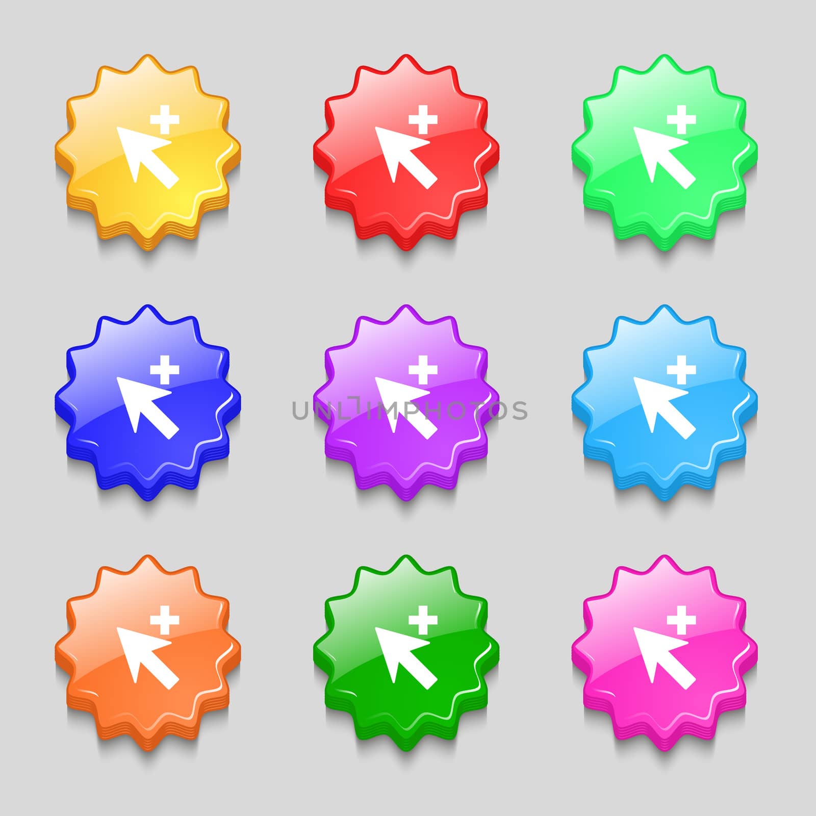 Cursor, arrow plus, add icon sign. Symbols on nine wavy colourful buttons. illustration