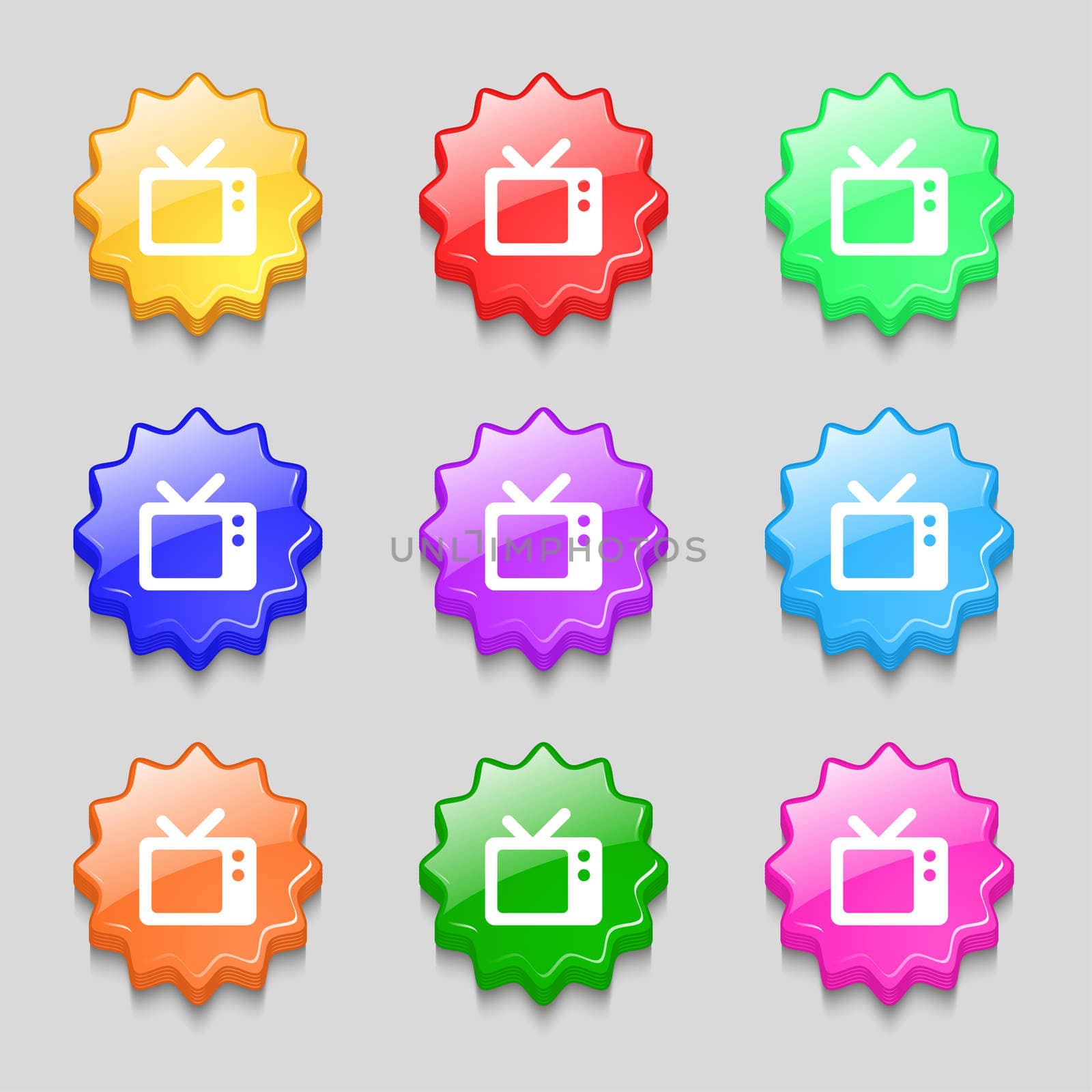 Retro TV icon sign. symbol on nine wavy colourful buttons. illustration