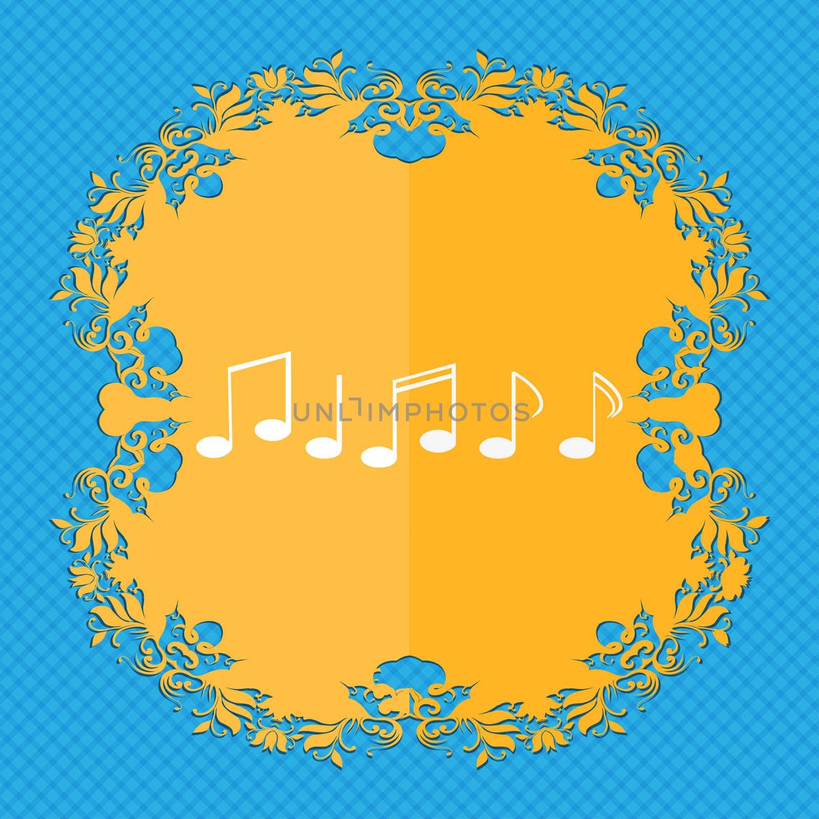 Music note sign icon. Musical symbol. Floral flat design on a blue abstract background with place for your text. illustration