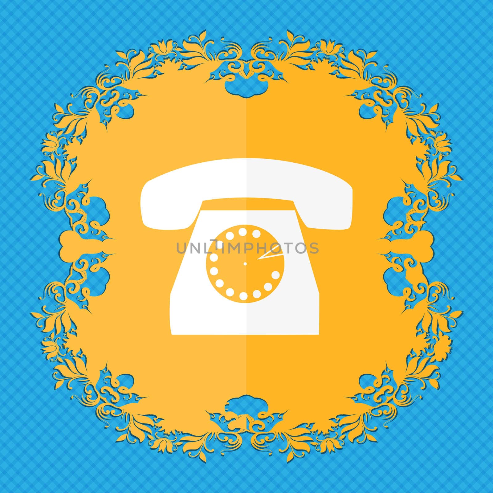 Retro telephone icon symbol. Floral flat design on a blue abstract background with place for your text. illustration