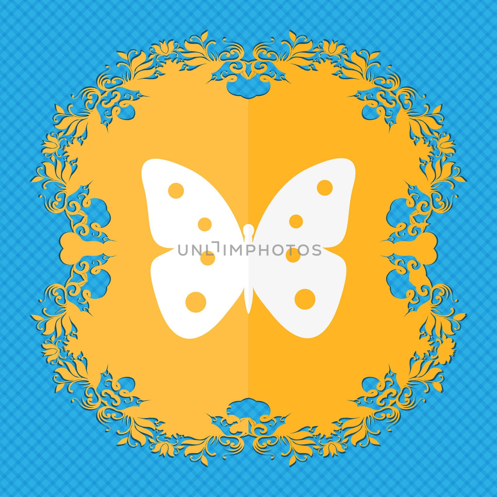 Butterfly sign icon. insect symbol. Floral flat design on a blue abstract background with place for your text. illustration