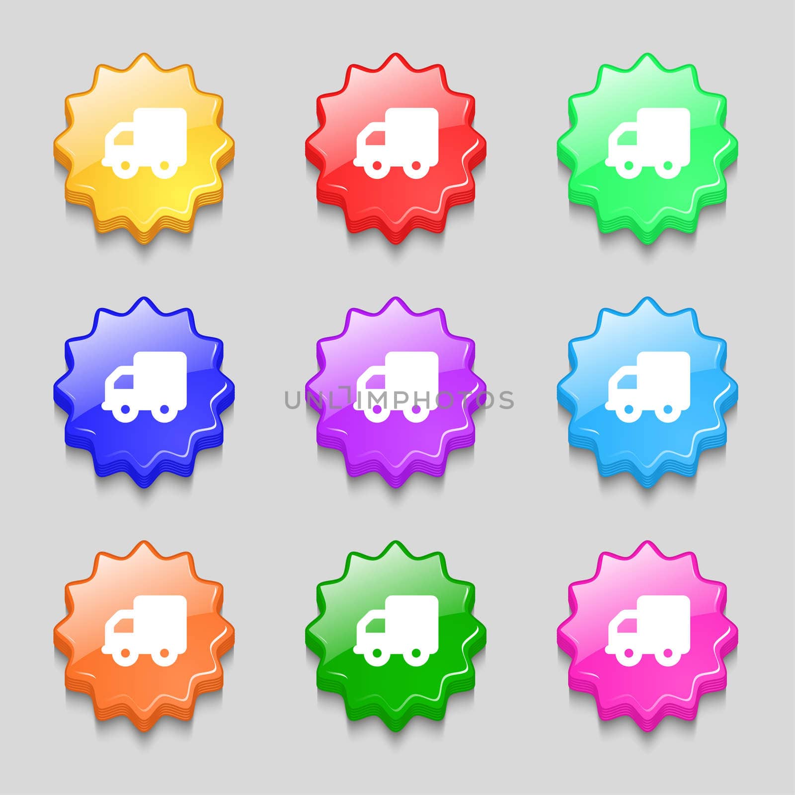 Delivery truck icon sign. symbol on nine wavy colourful buttons.  by serhii_lohvyniuk