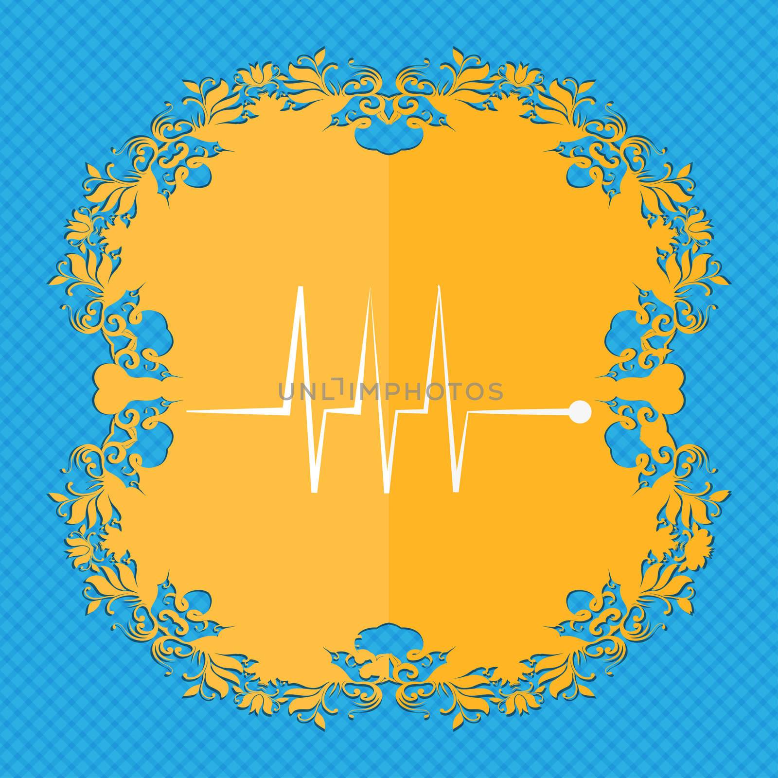 Cardiogram monitoring sign icon. Heart beats symbol. Floral flat design on a blue abstract background with place for your text. illustration