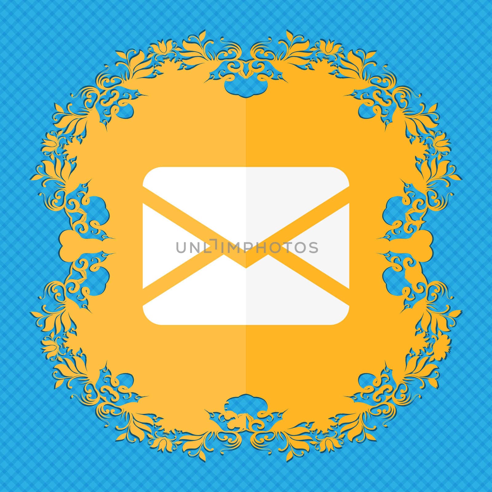 Mail, Envelope, Message . Floral flat design on a blue abstract background with place for your text. illustration