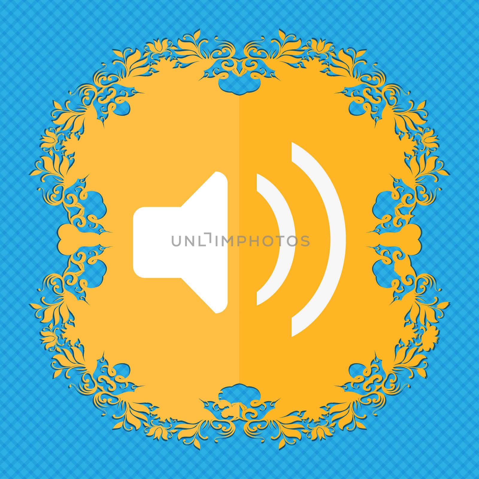 Speaker volume, Sound . Floral flat design on a blue abstract background with place for your text. illustration