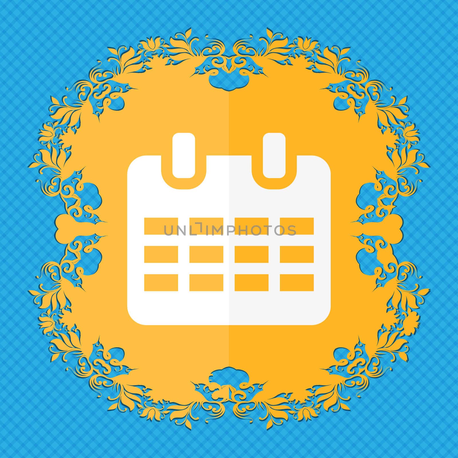  Calendar, Date or event reminder . Floral flat design on a blue abstract background with place for your text. illustration