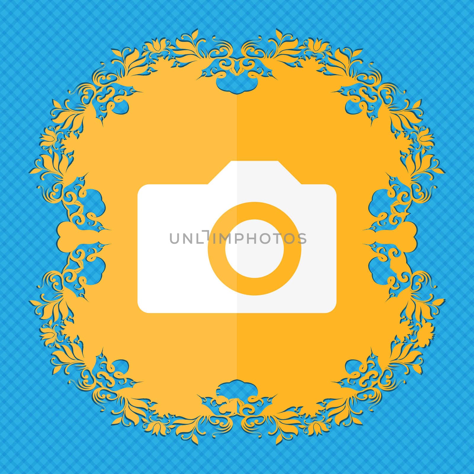 Digital photo camera . Floral flat design on a blue abstract background with place for your text. illustration