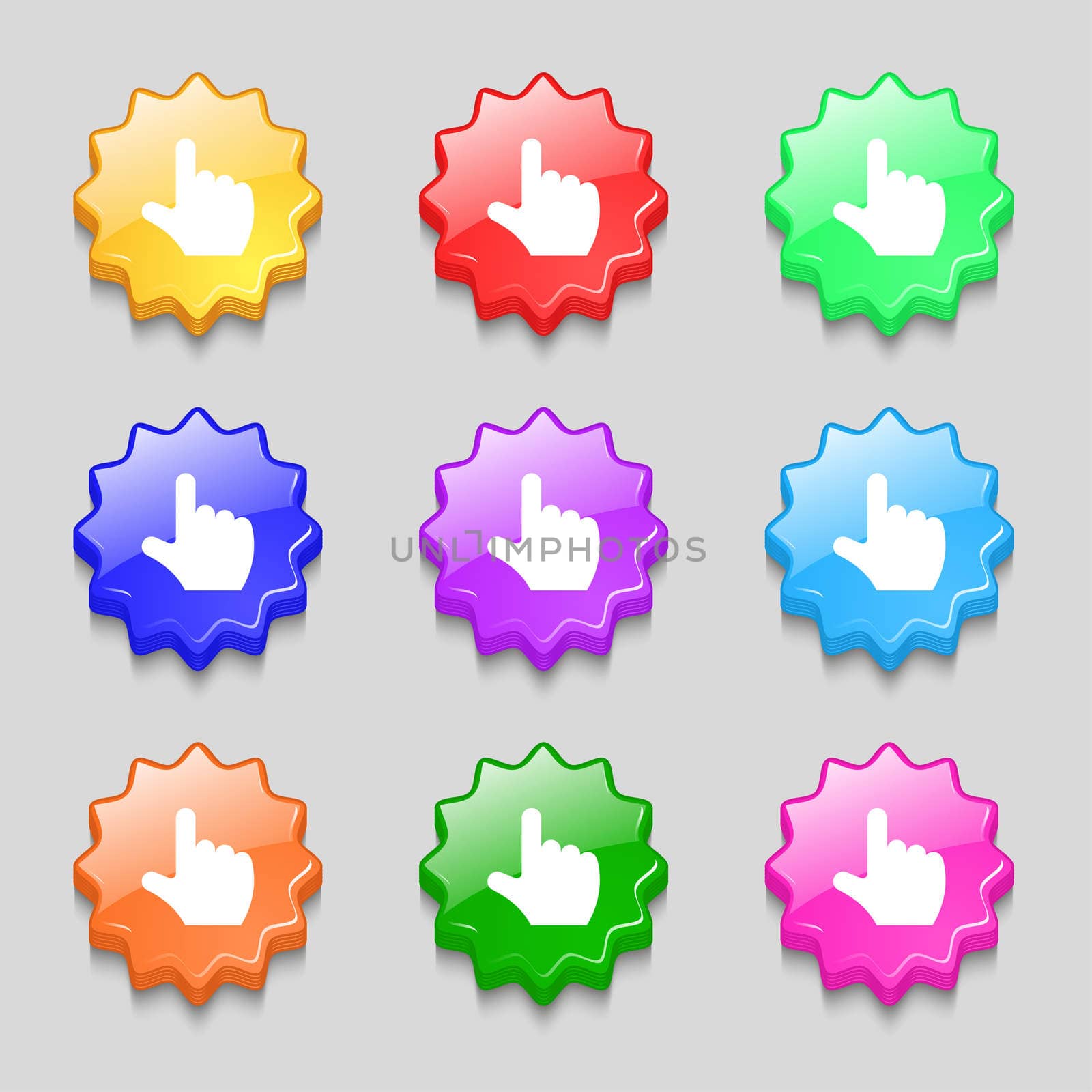 pointing hand icon sign. symbol on nine wavy colourful buttons. illustration