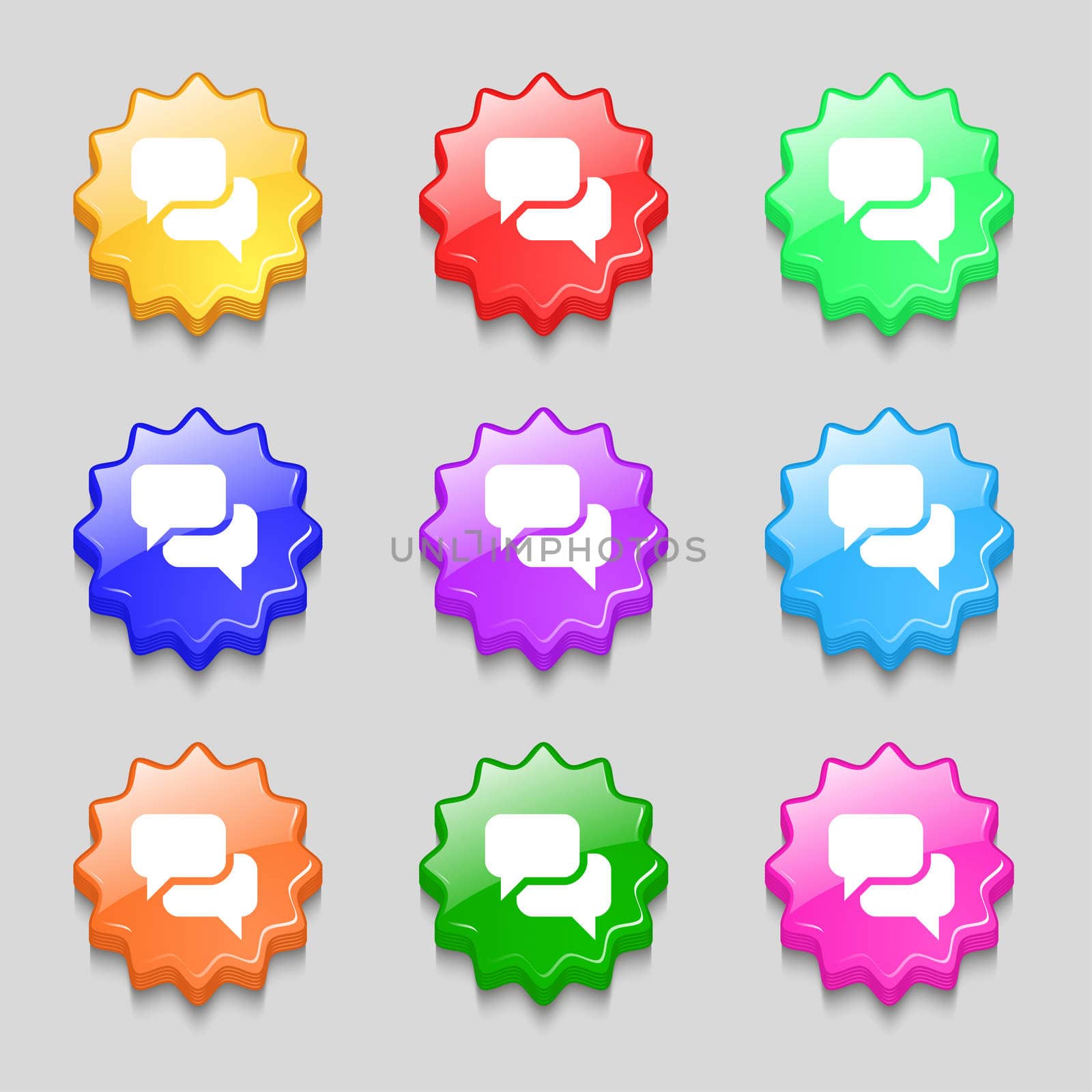 Speech bubble, Think cloud icon sign. symbol on nine wavy colourful buttons. illustration