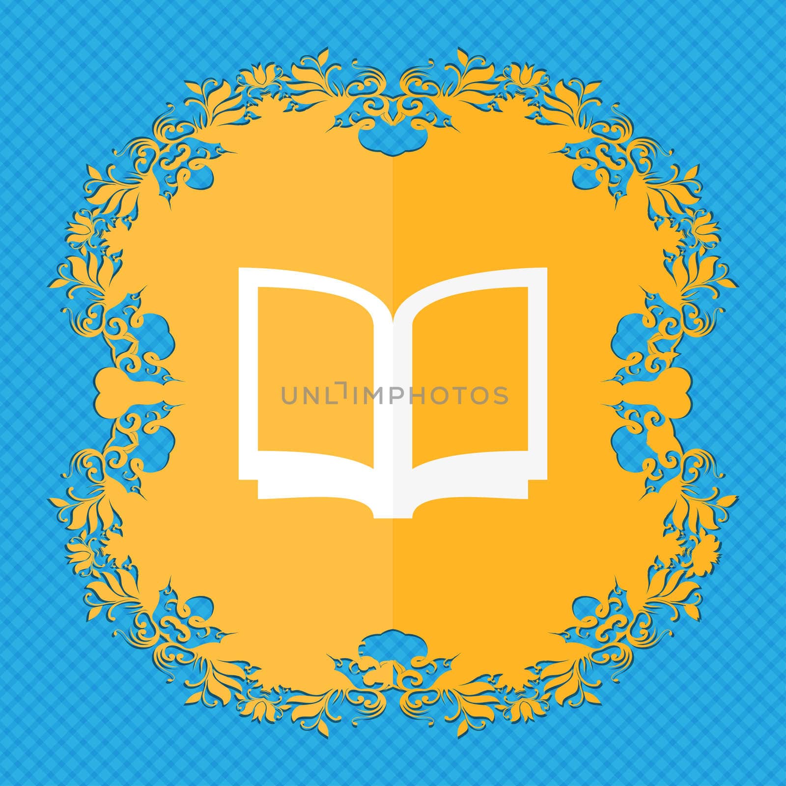 Open book . Floral flat design on a blue abstract background with place for your text. illustration