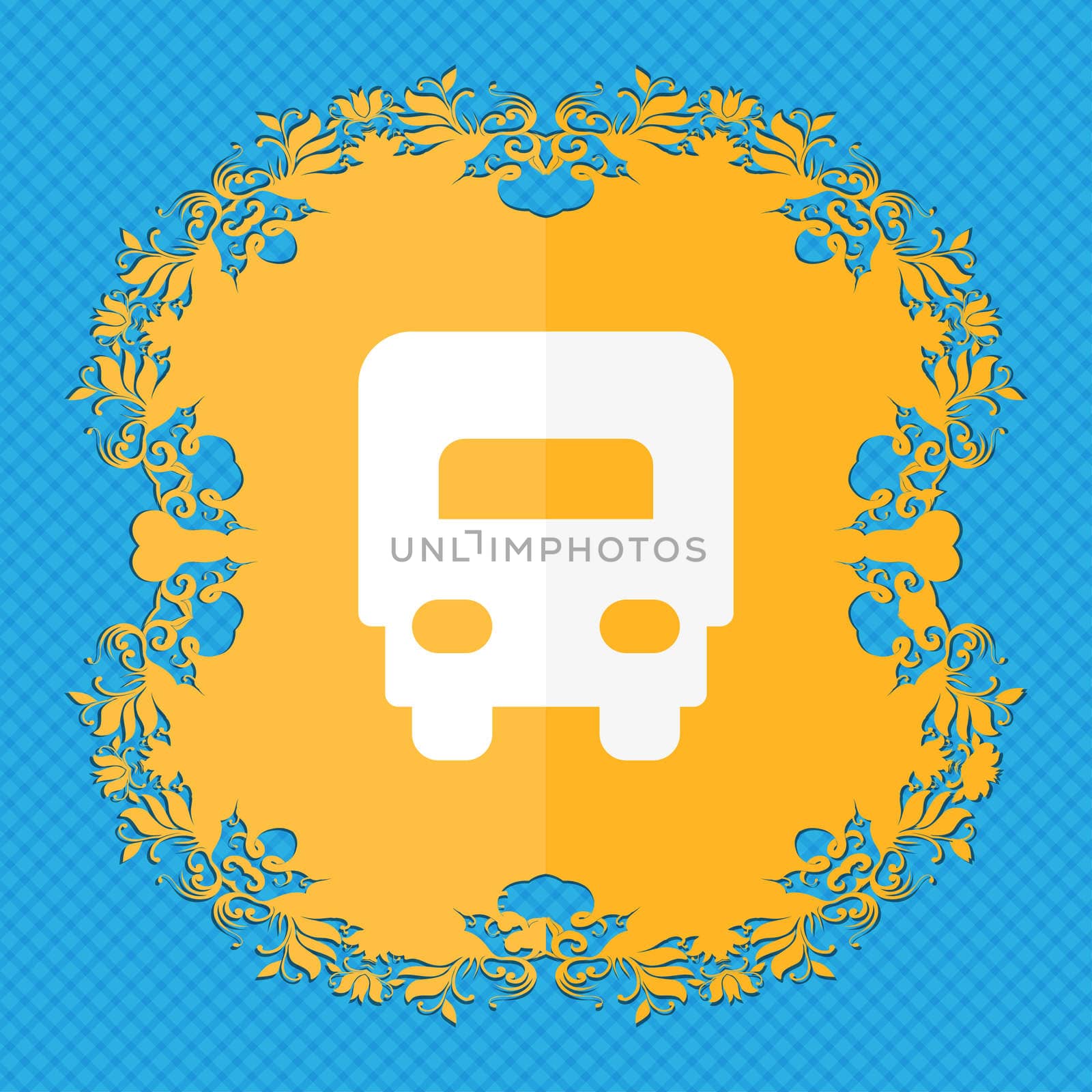 Delivery truck . Floral flat design on a blue abstract background with place for your text.  by serhii_lohvyniuk