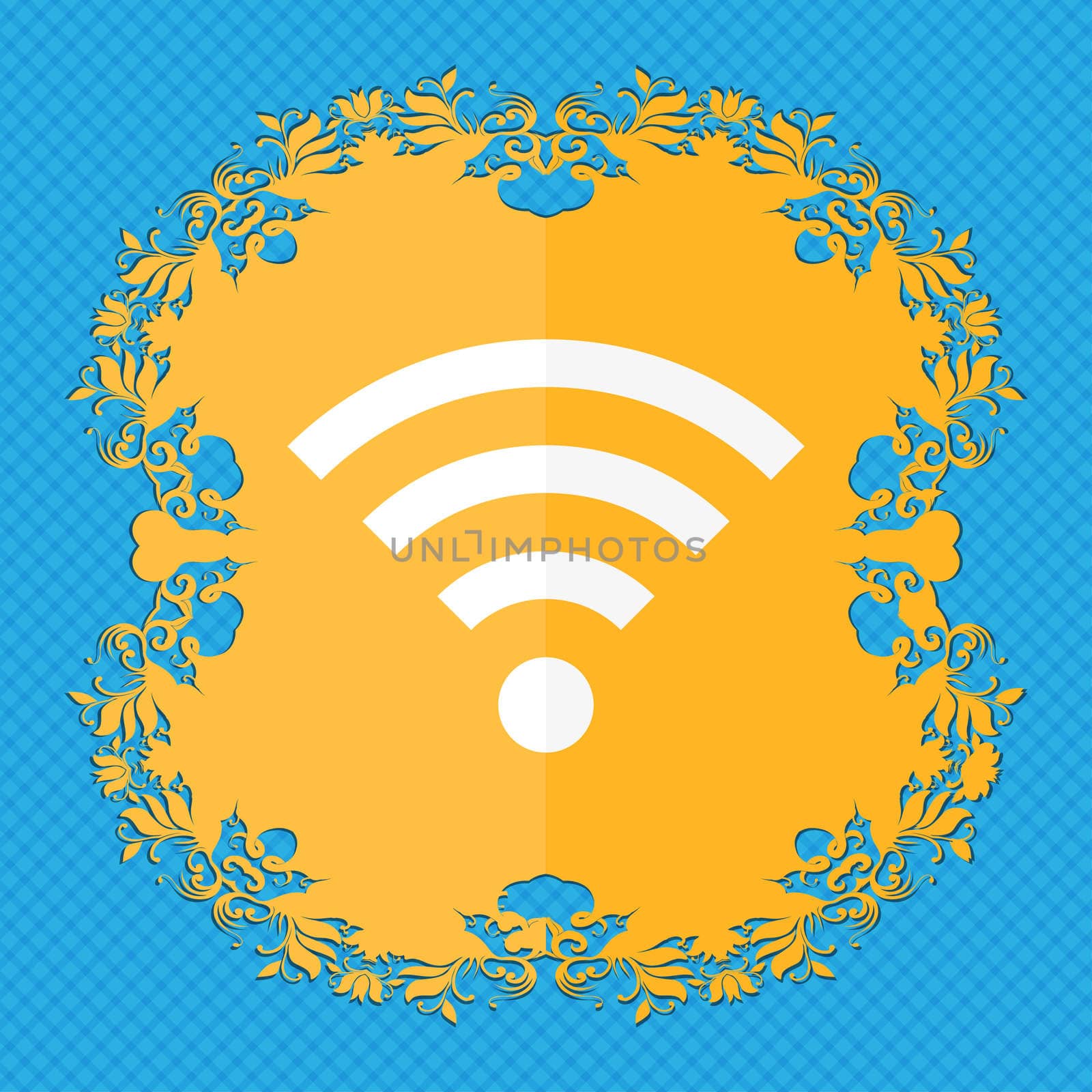 Wifi sign. Wi-fi symbol. Wireless Network icon zone. Floral flat design on a blue abstract background with place for your text. illustration