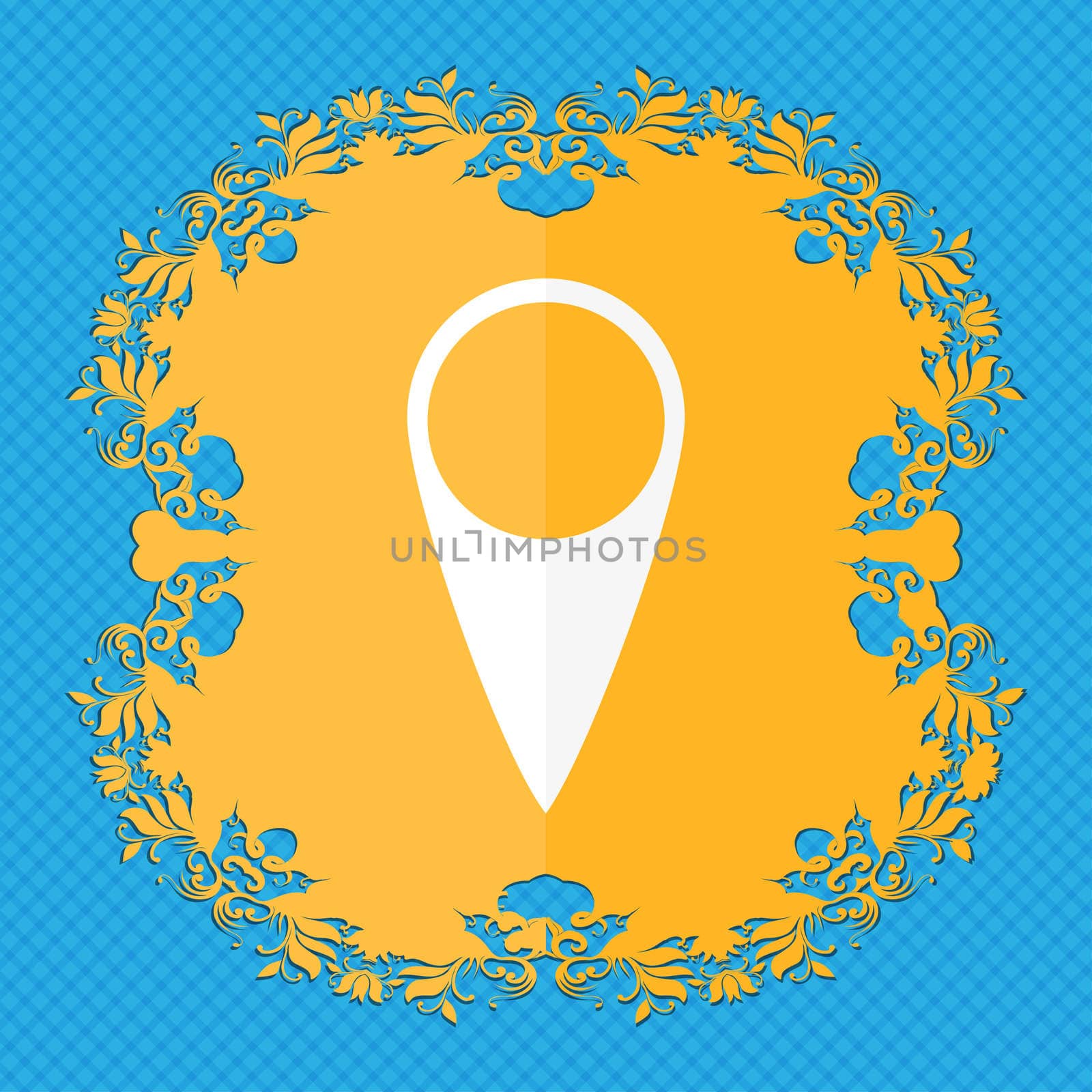 Map pointer icon. GPS location symbol. Floral flat design on a blue abstract background with place for your text. illustration