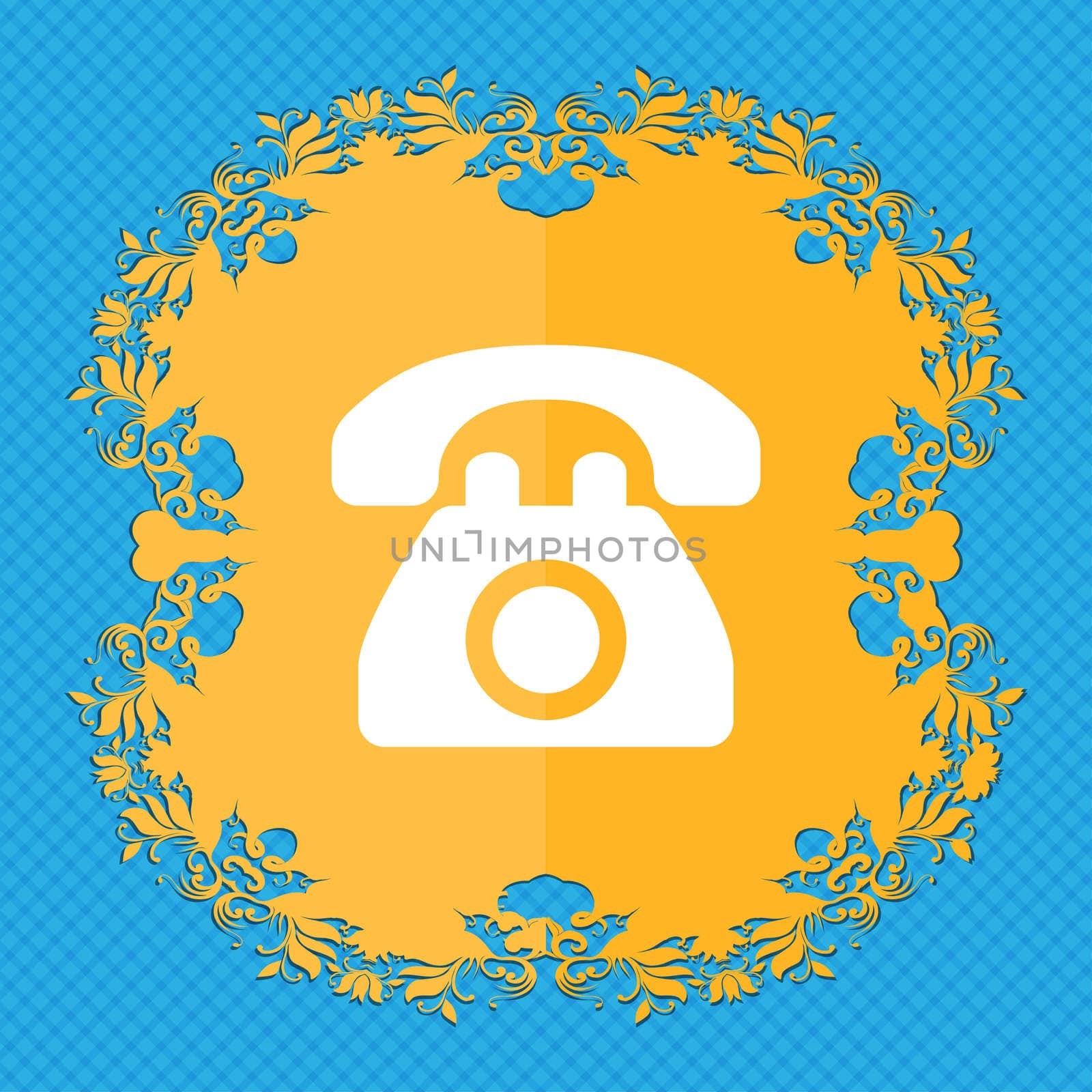 Retro telephone . Floral flat design on a blue abstract background with place for your text. illustration