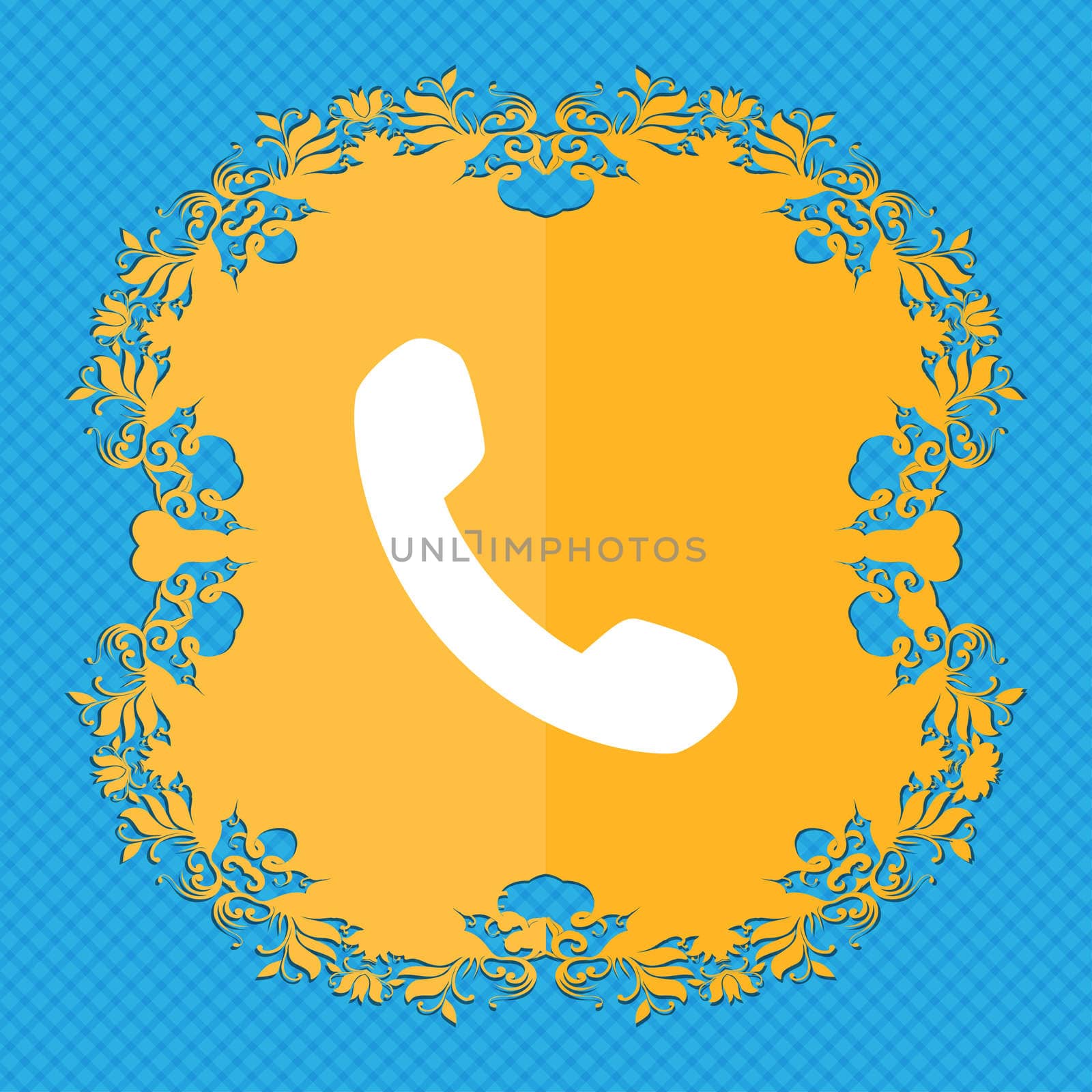 Phone, Support, Call center . Floral flat design on a blue abstract background with place for your text. illustration