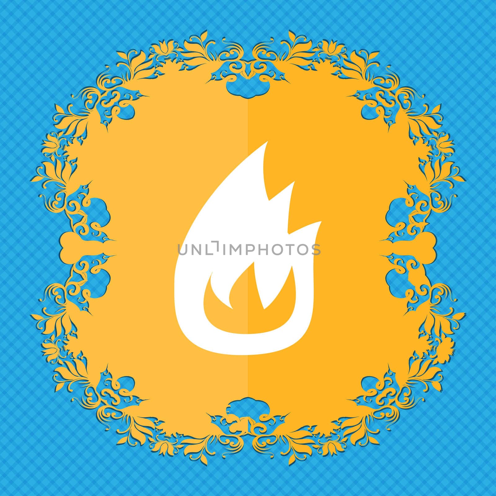 Fire flame . Floral flat design on a blue abstract background with place for your text. illustration