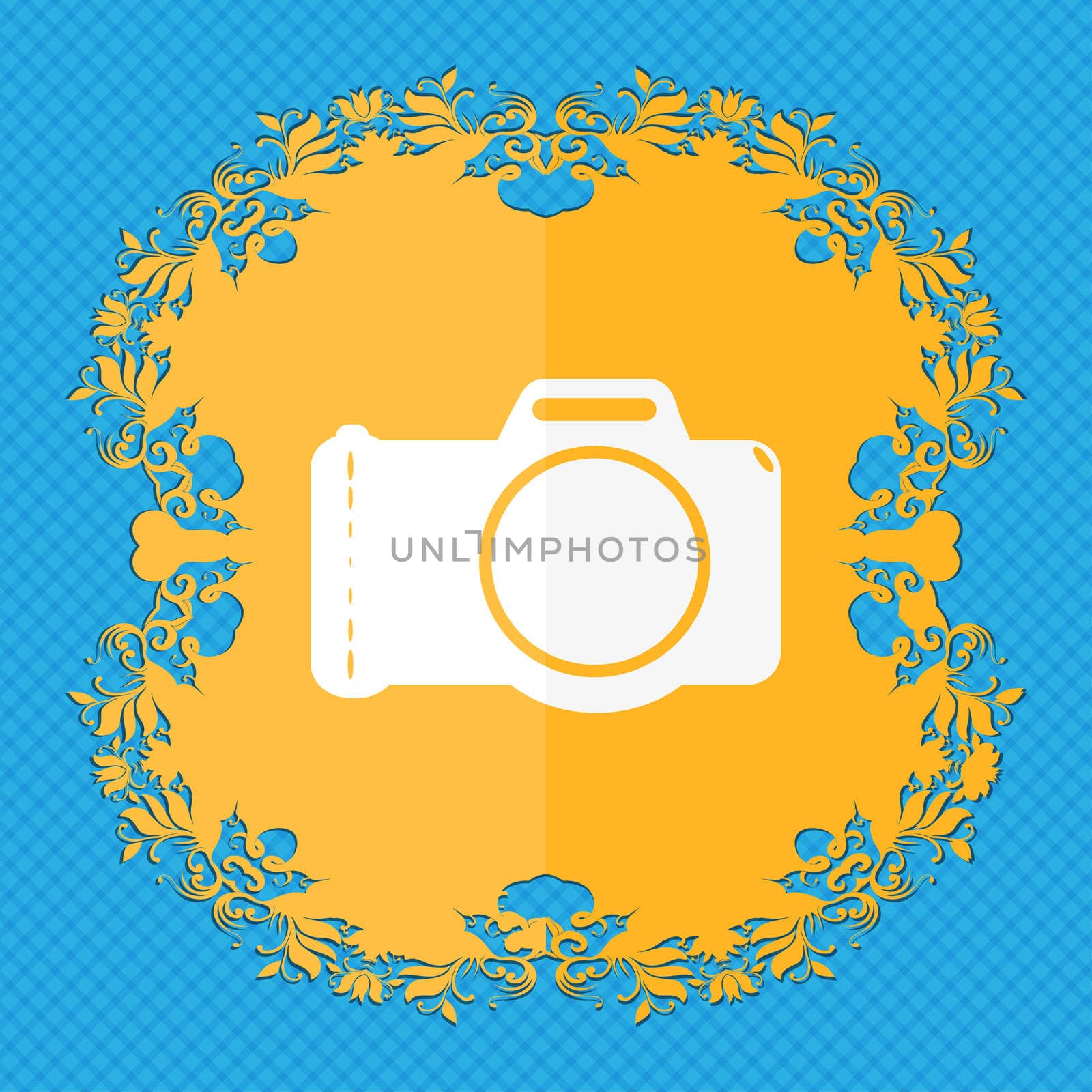 Photo camera sign icon. Digital photo camera symbol. Floral flat design on a blue abstract background with place for your text. illustration