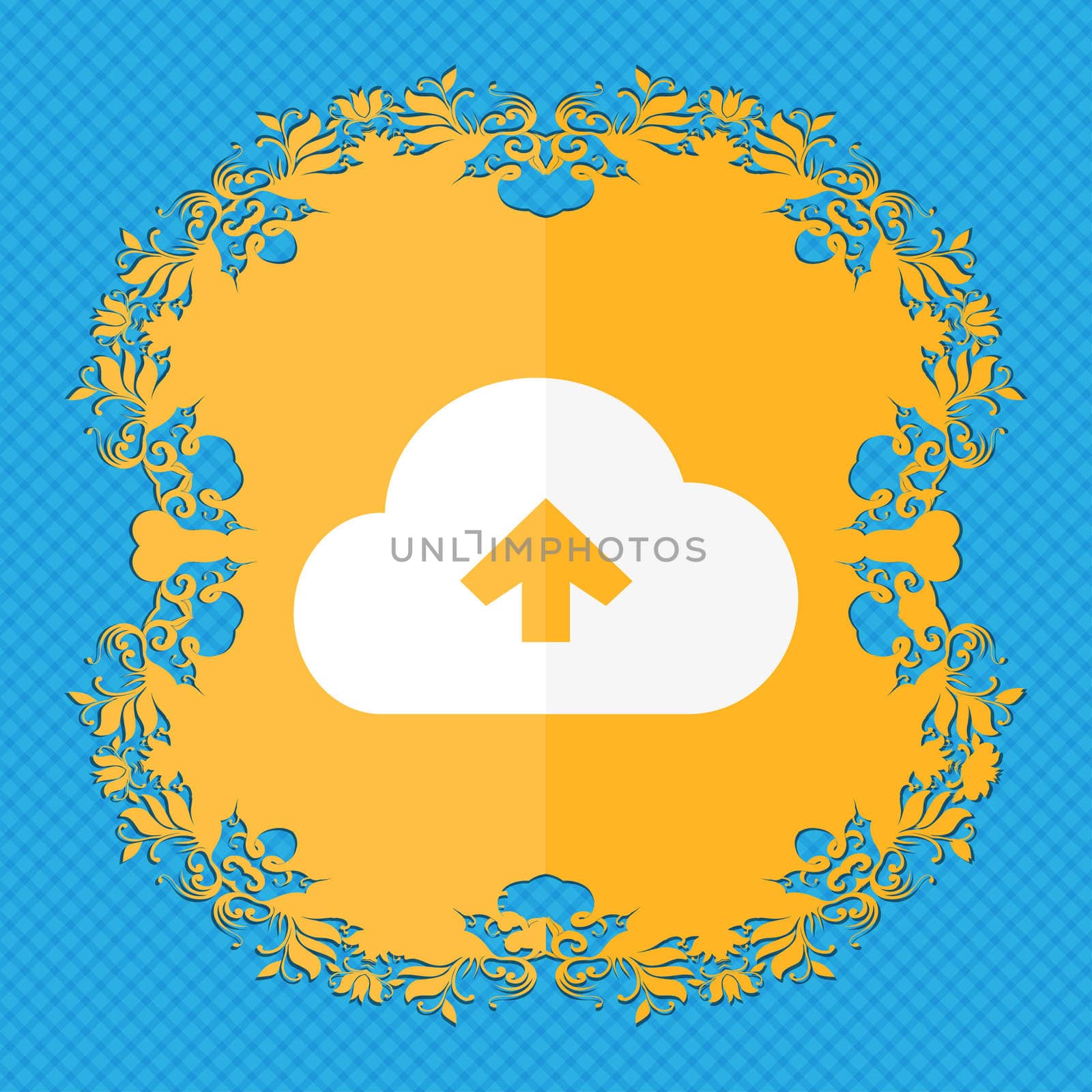 Upload from cloud . Floral flat design on a blue abstract background with place for your text. illustration