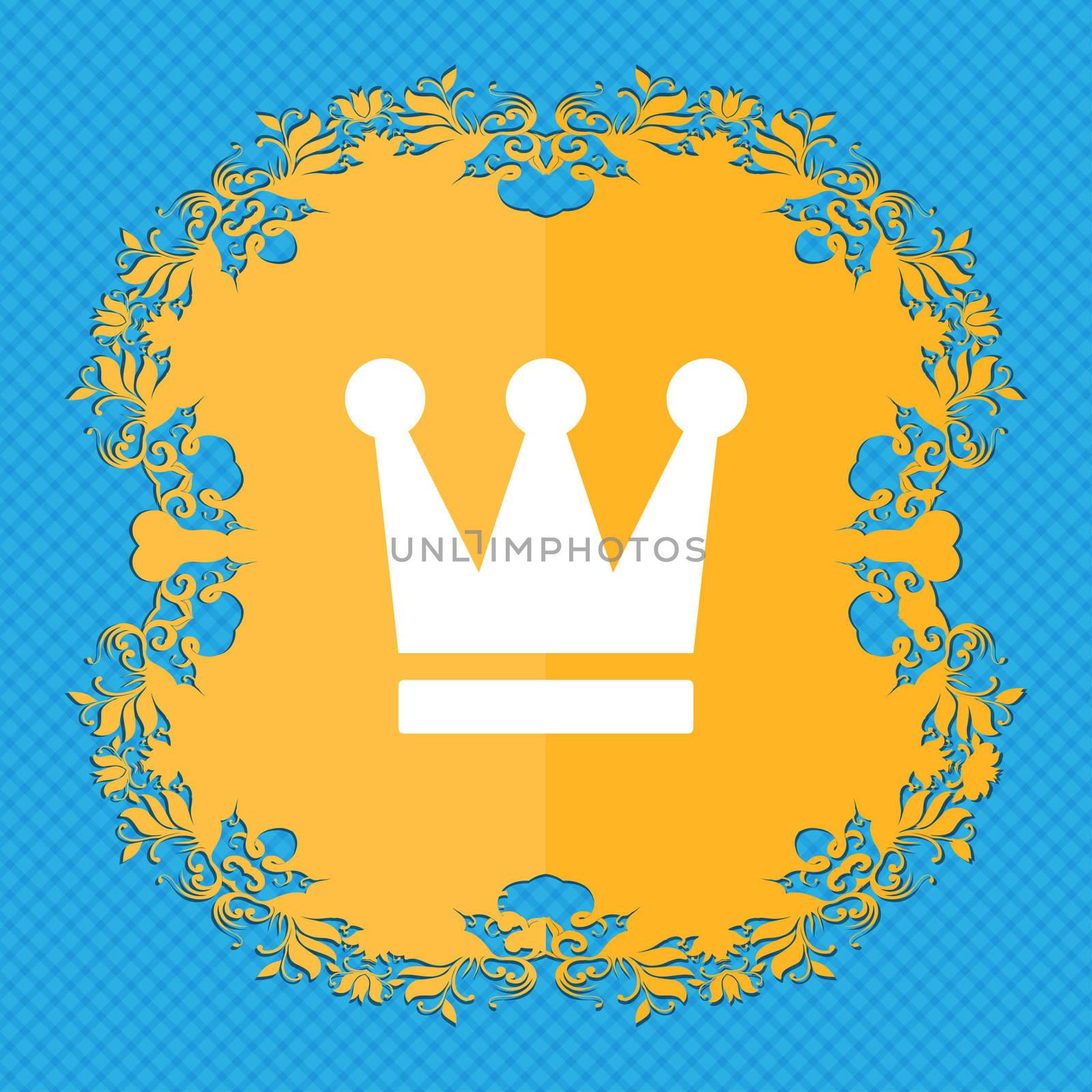 King, Crown . Floral flat design on a blue abstract background with place for your text. illustration