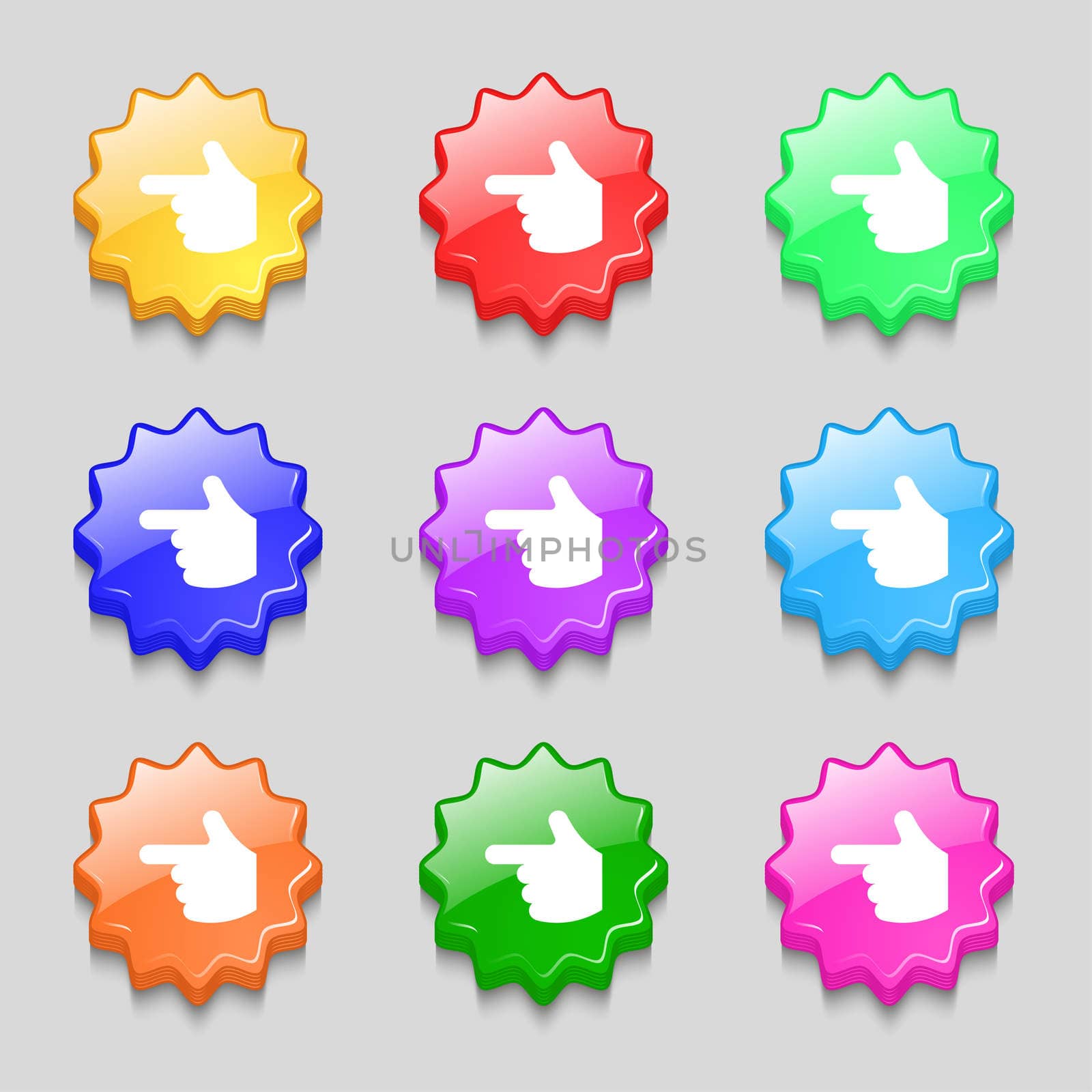 pointing hand icon sign. symbol on nine wavy colourful buttons. illustration