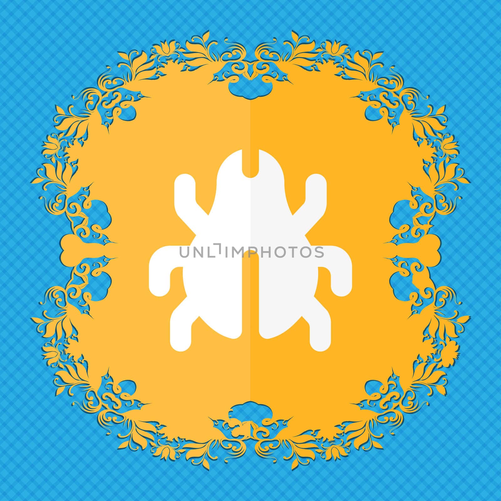 Software Bug, Virus, Disinfection, beetle . Floral flat design on a blue abstract background with place for your text. illustration