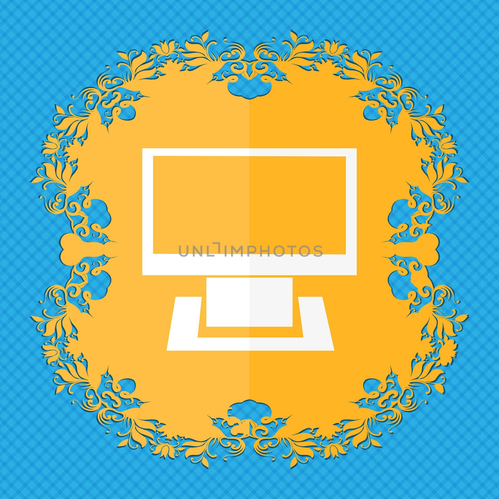 Computer widescreen monitor sign icon. Floral flat design on a blue abstract background with place for your text. illustration