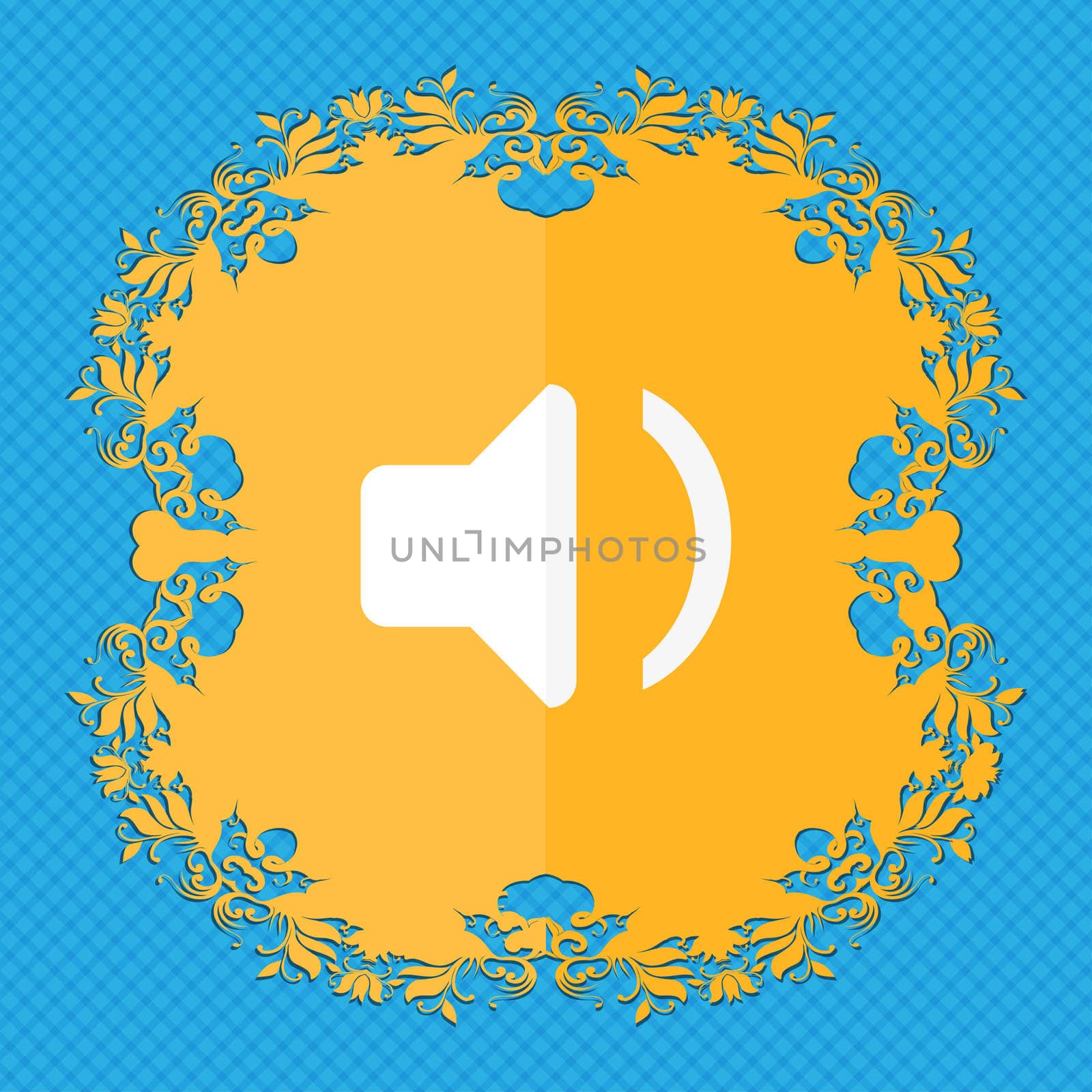 Speaker volume, Sound . Floral flat design on a blue abstract background with place for your text. illustration
