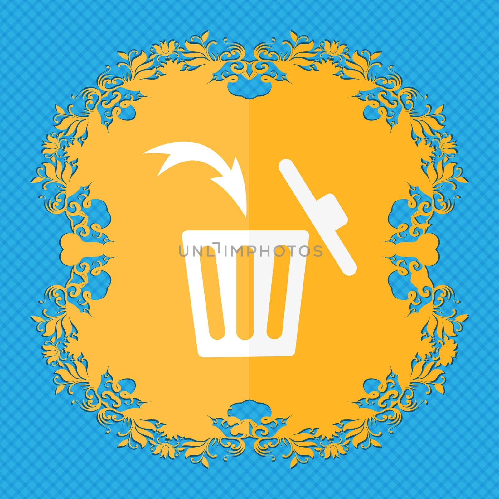 Recycle bin sign icon. Floral flat design on a blue abstract background with place for your text. illustration