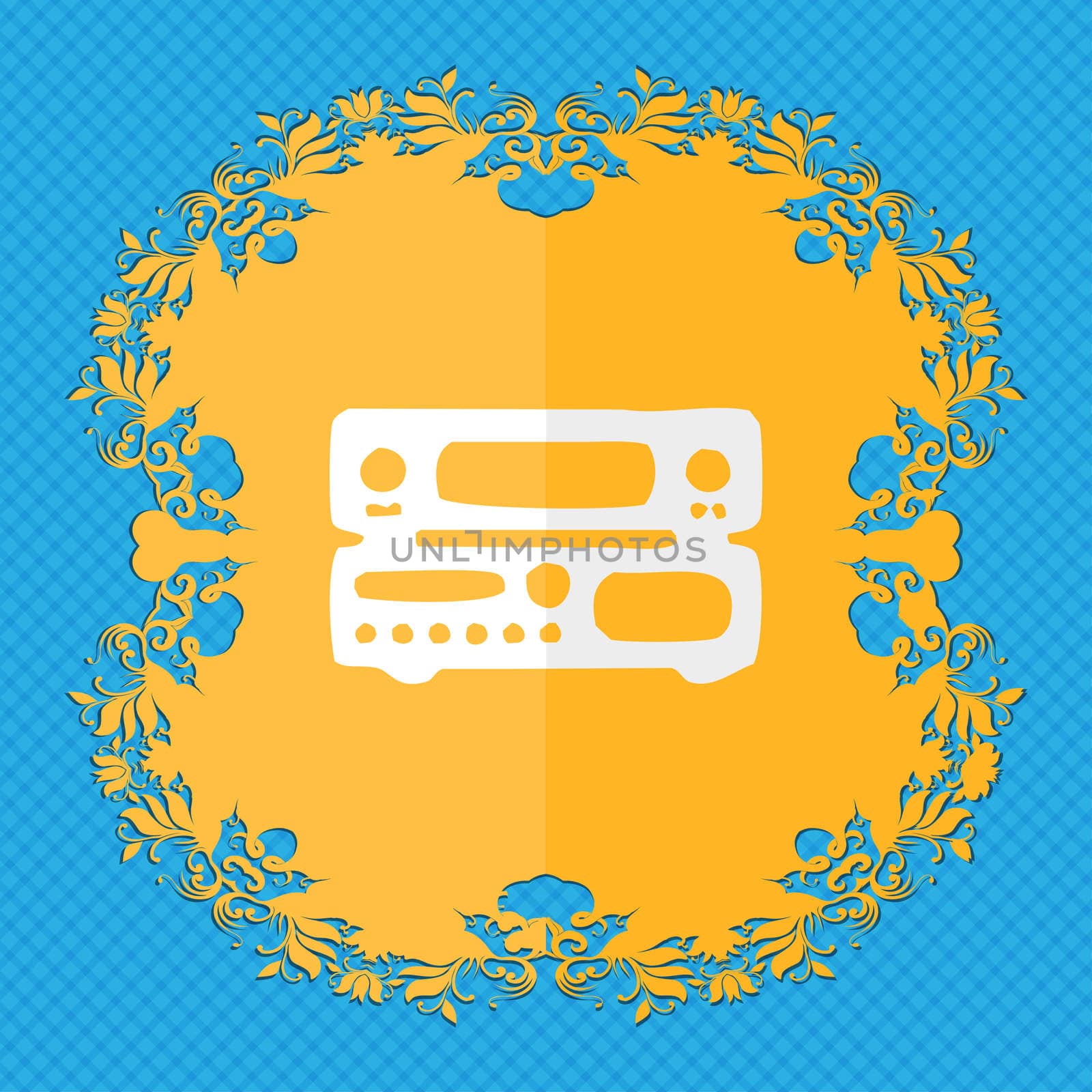 radio, receiver, amplifier. Floral flat design on a blue abstract background with place for your text. illustration