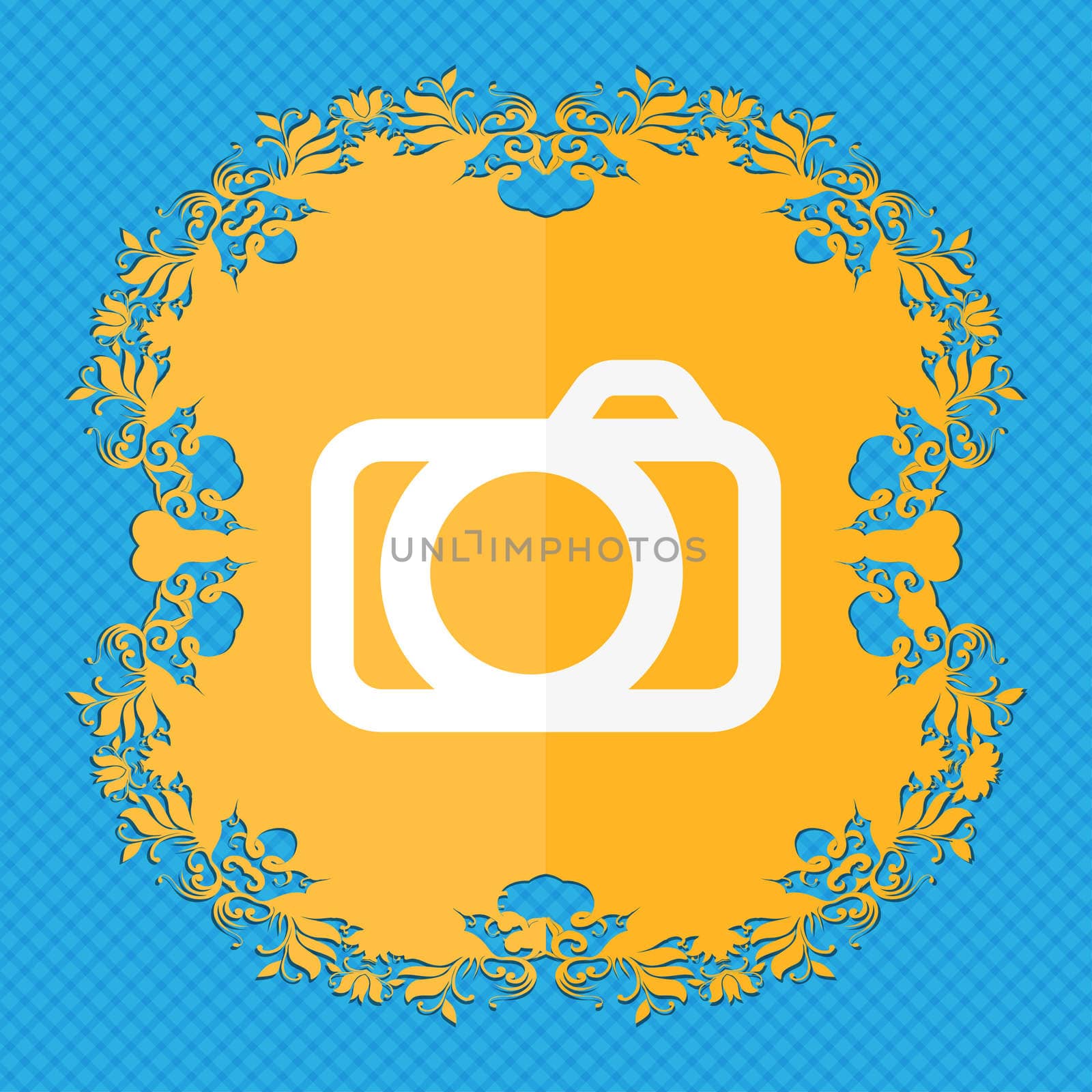 Photo camera sign icon. Digital photo camera symbol. Floral flat design on a blue abstract background with place for your text. illustration