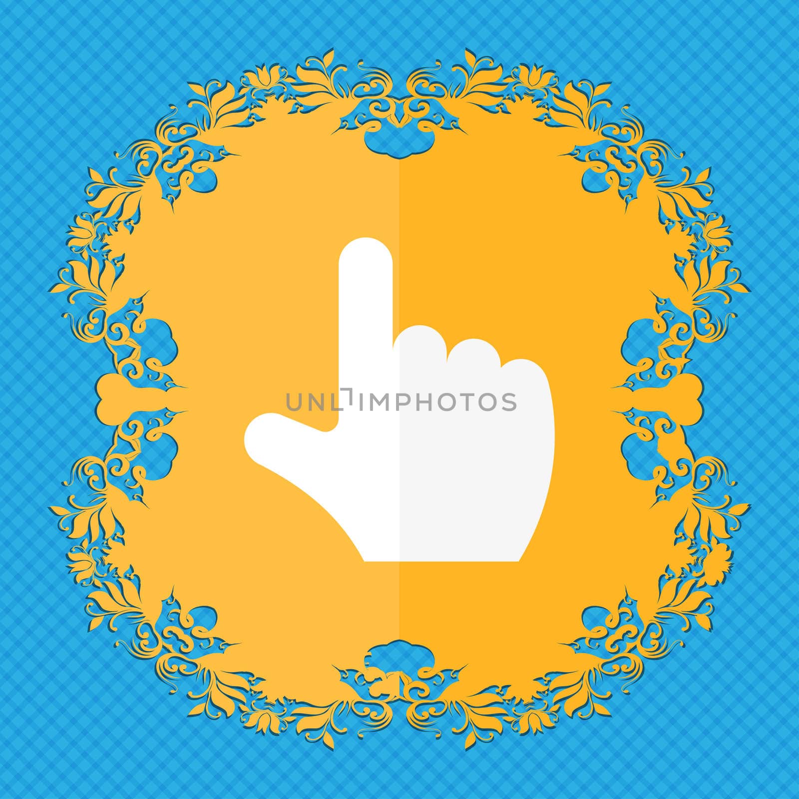 pointing hand . Floral flat design on a blue abstract background with place for your text. illustration