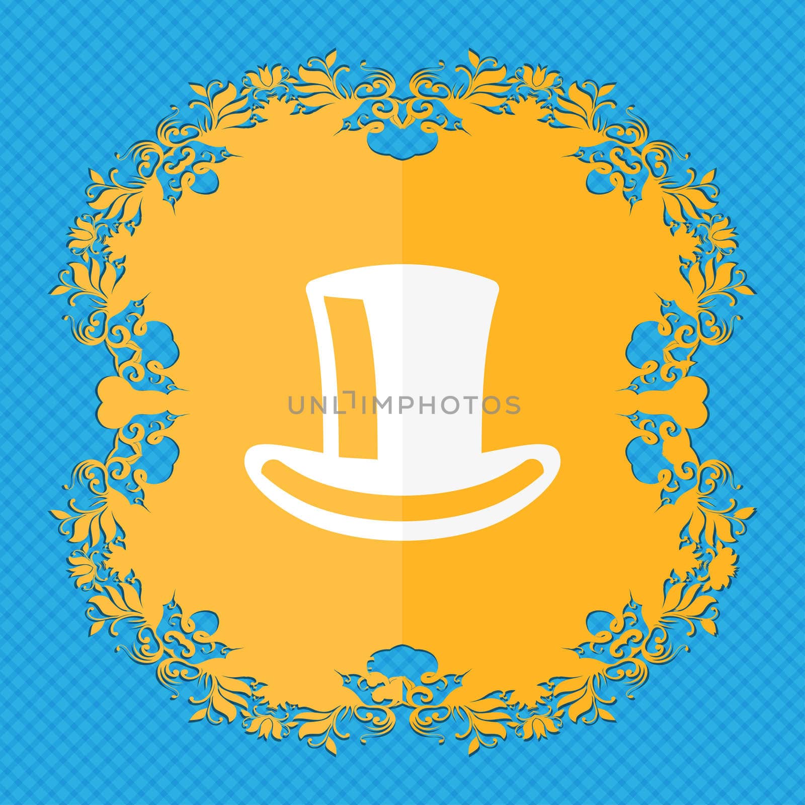 cylinder hat . Floral flat design on a blue abstract background with place for your text. illustration
