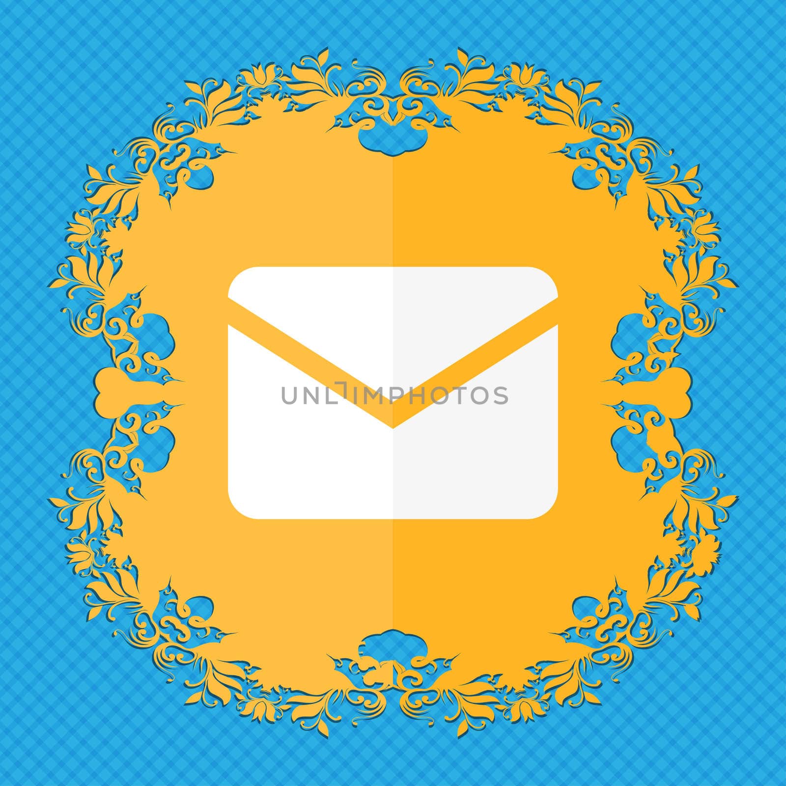 Mail, Envelope, Message . Floral flat design on a blue abstract background with place for your text. illustration