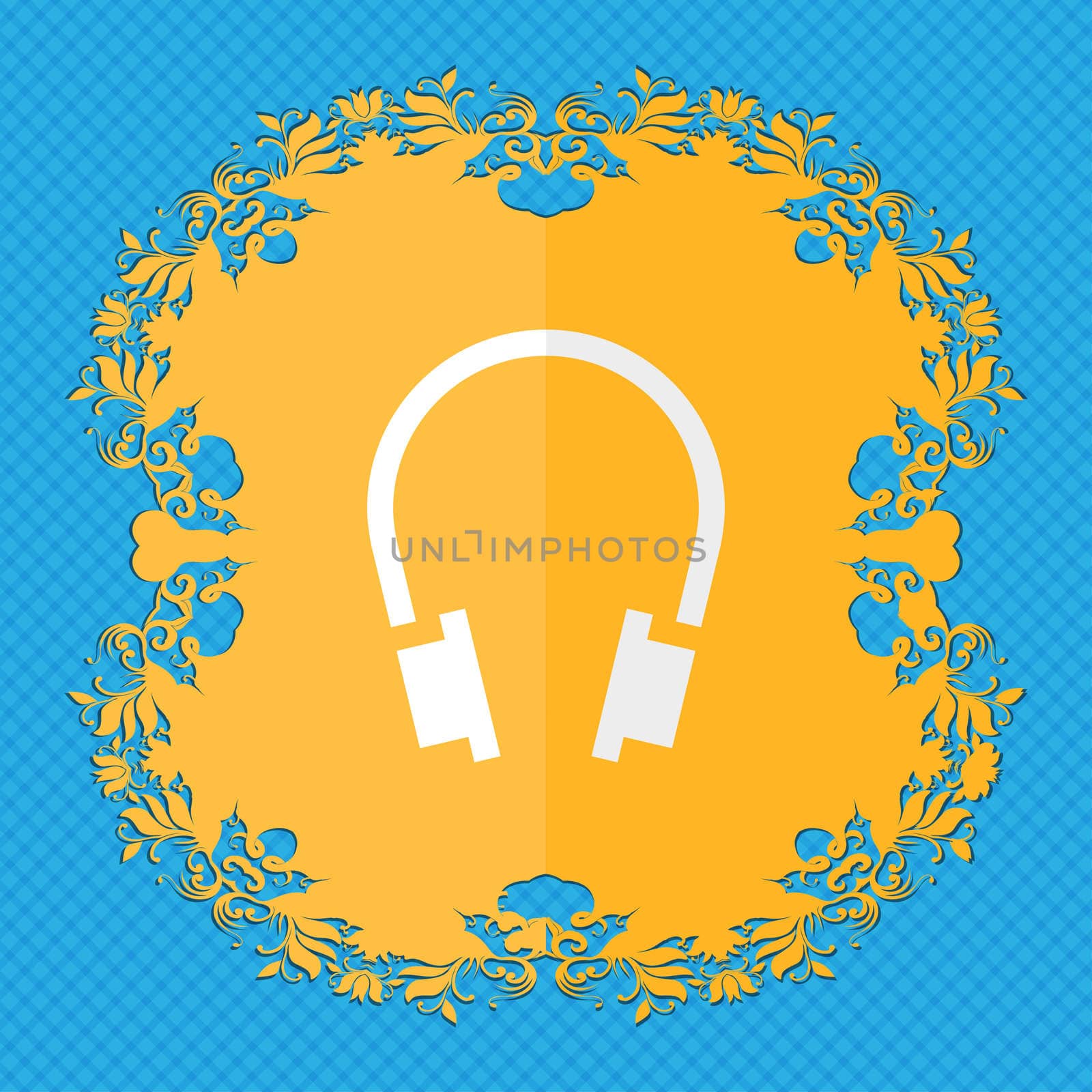 headsets. Floral flat design on a blue abstract background with place for your text.  by serhii_lohvyniuk
