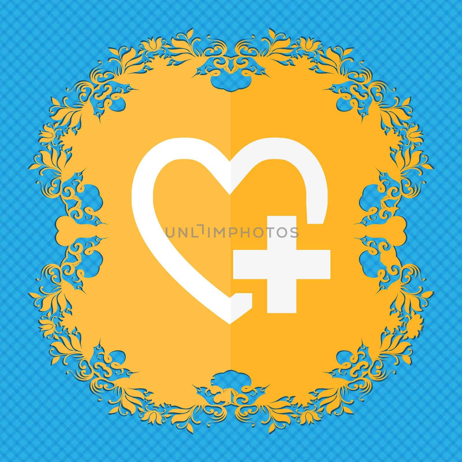 Heart sign icon. Love symbol. Floral flat design on a blue abstract background with place for your text.  by serhii_lohvyniuk
