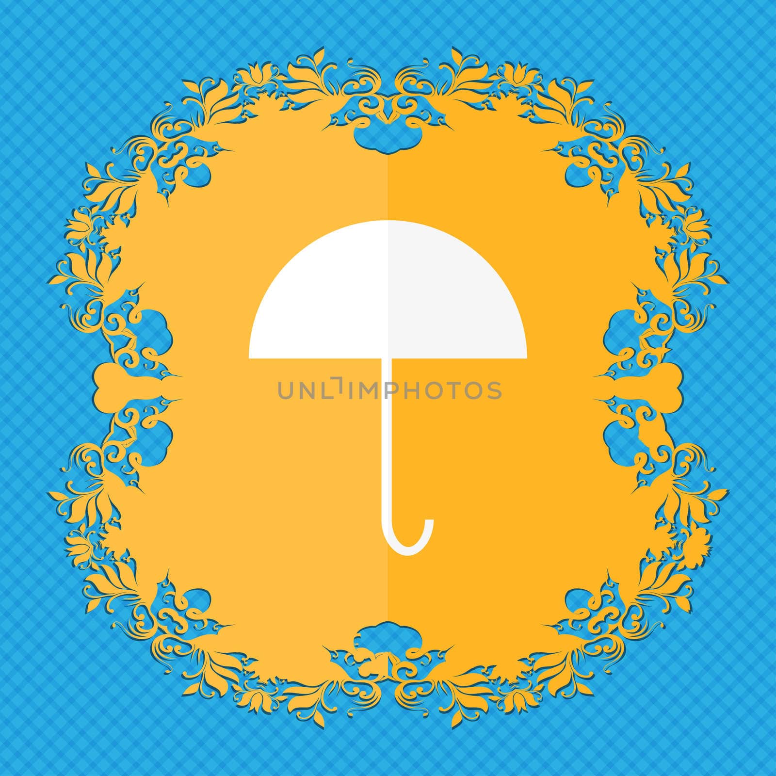 Umbrella sign icon. Rain protection symbol. Floral flat design on a blue abstract background with place for your text. illustration